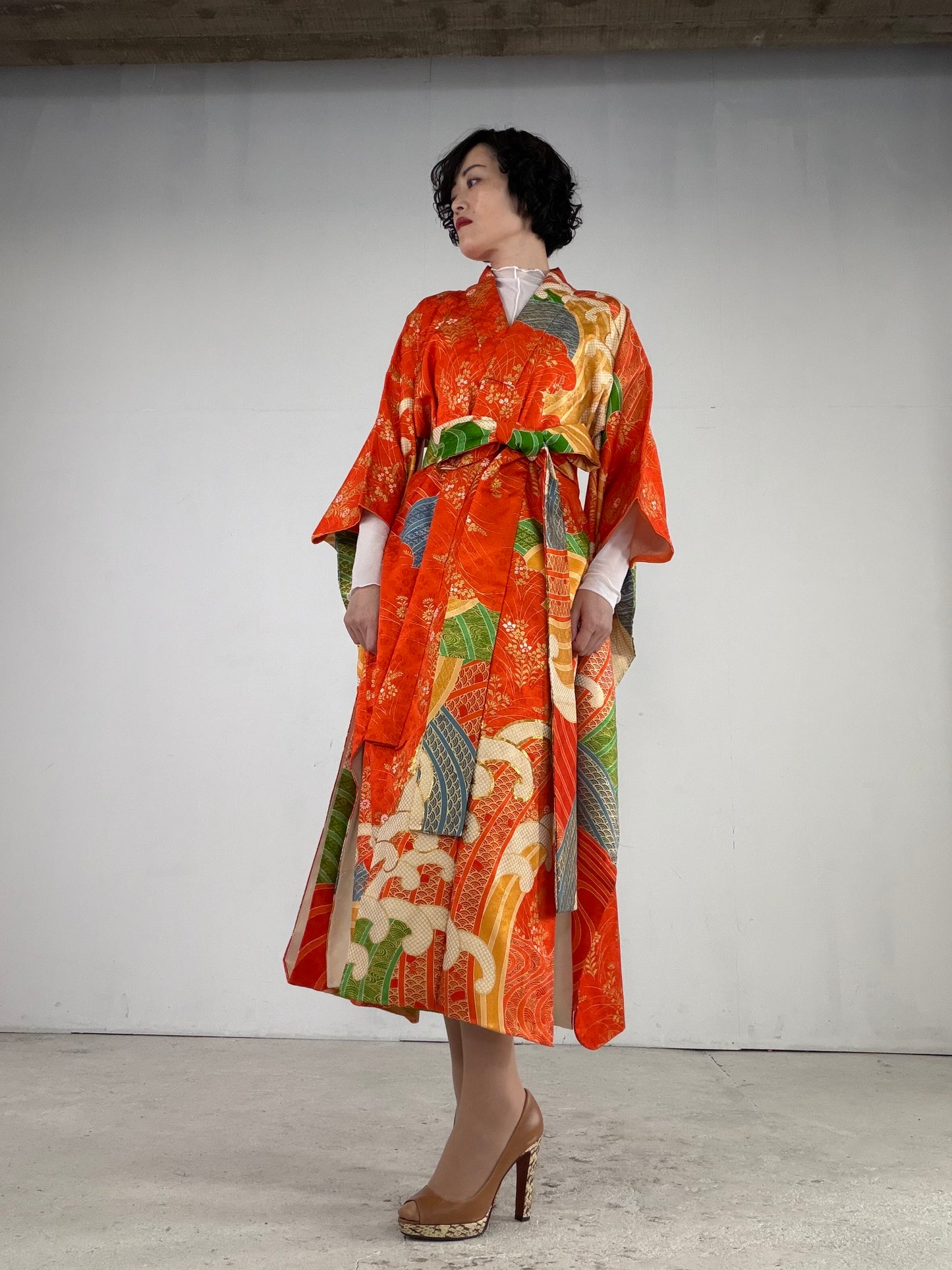 Furisode Kimono Dress Gown with String Belt – Upcycled from Vintage Japanese Kimono "orange, nami, DRE021"