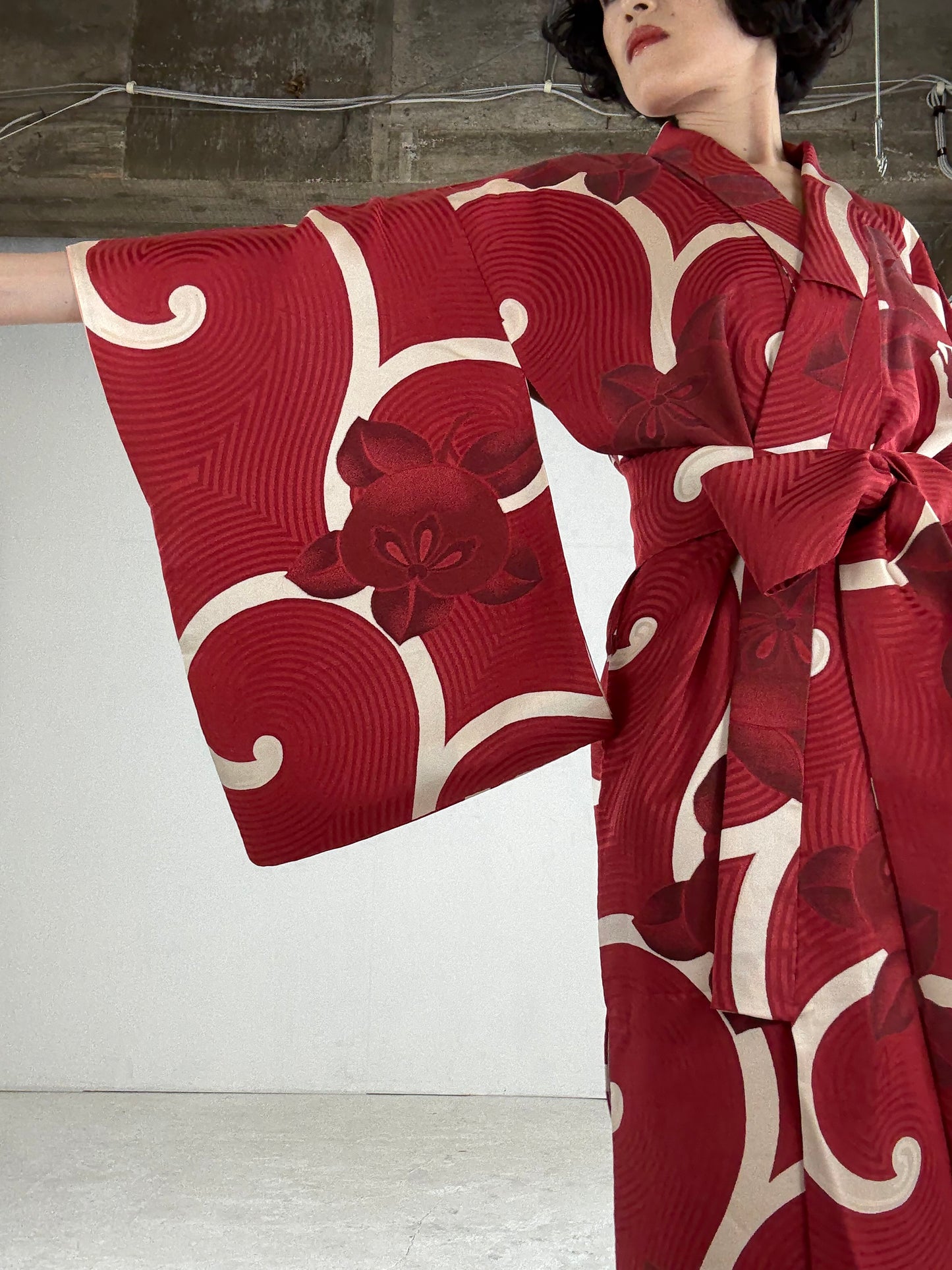 Kimono dress gown and string belt upcycled from Japanese kimono "karakusa, antique" Big Ribbon *damage