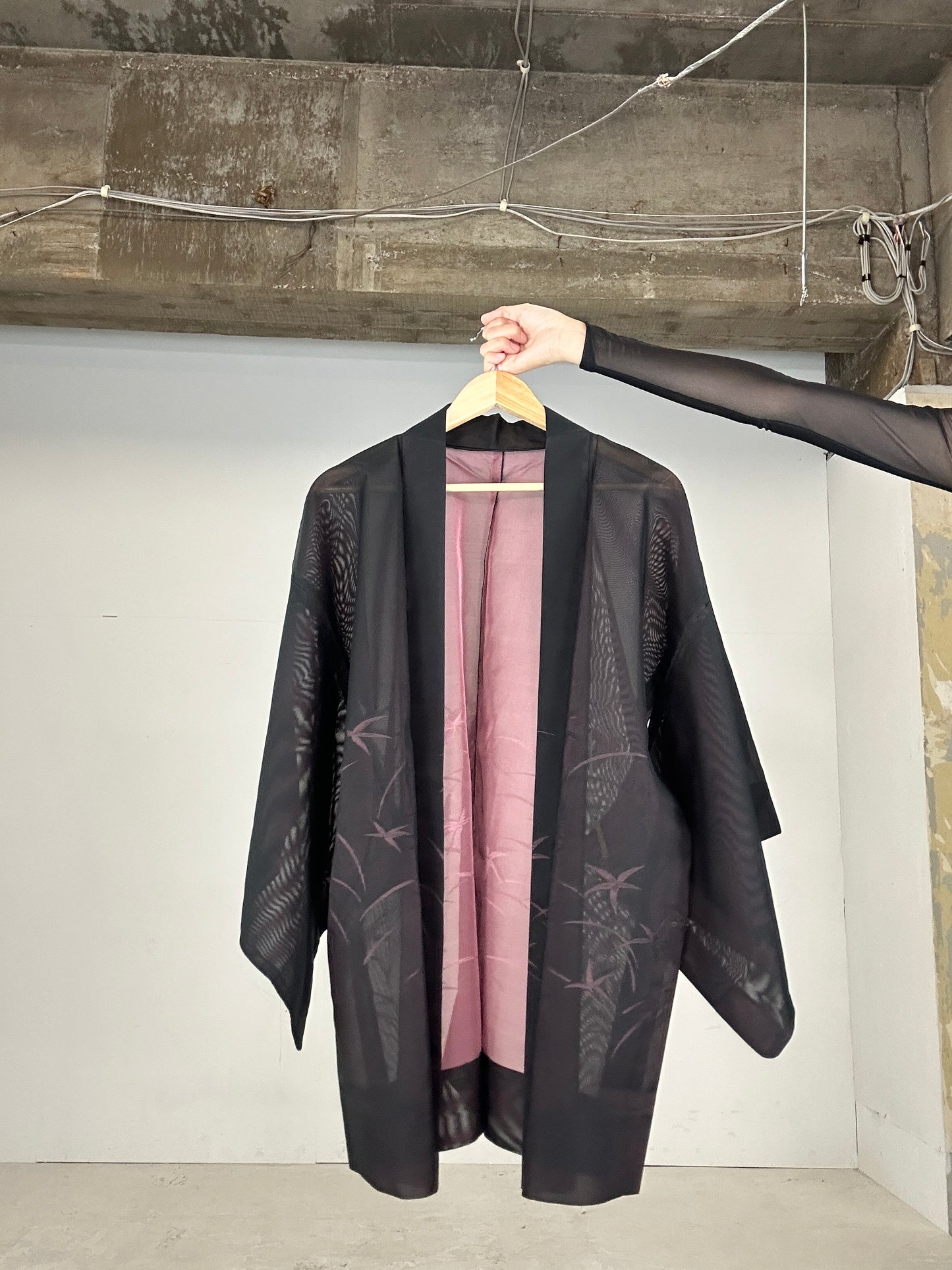 VINTAGE BLACK HAORI SHEER “aka 001 pink shibakusa"