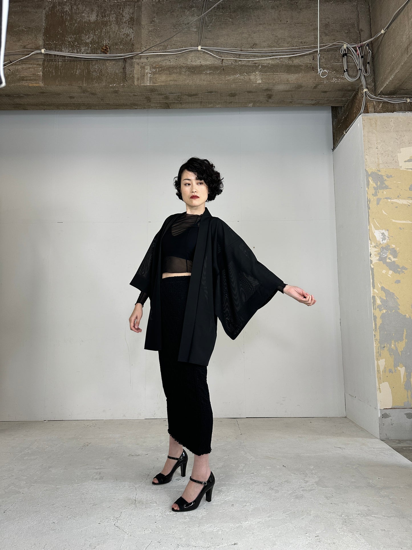 VINTAGE BLACK HAORI SHEER “ro_gin”