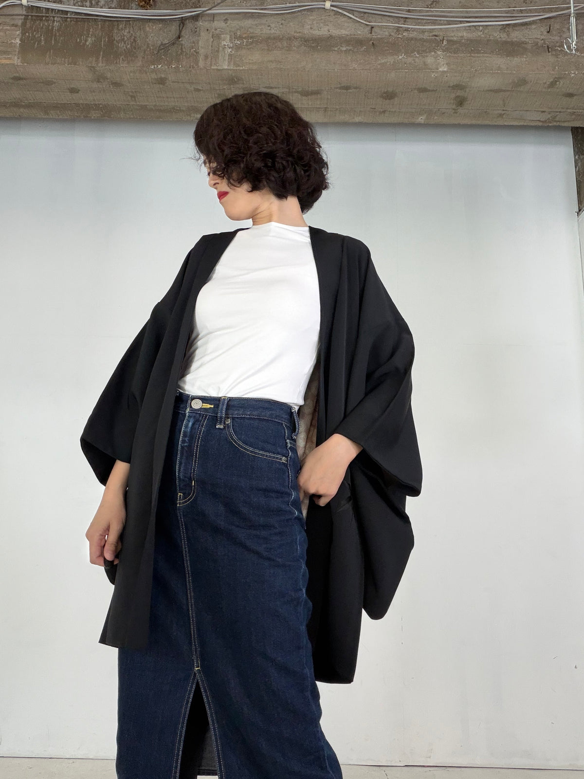 VINTAGE BLACK HAORI  "glitter, BLK205"*damage
