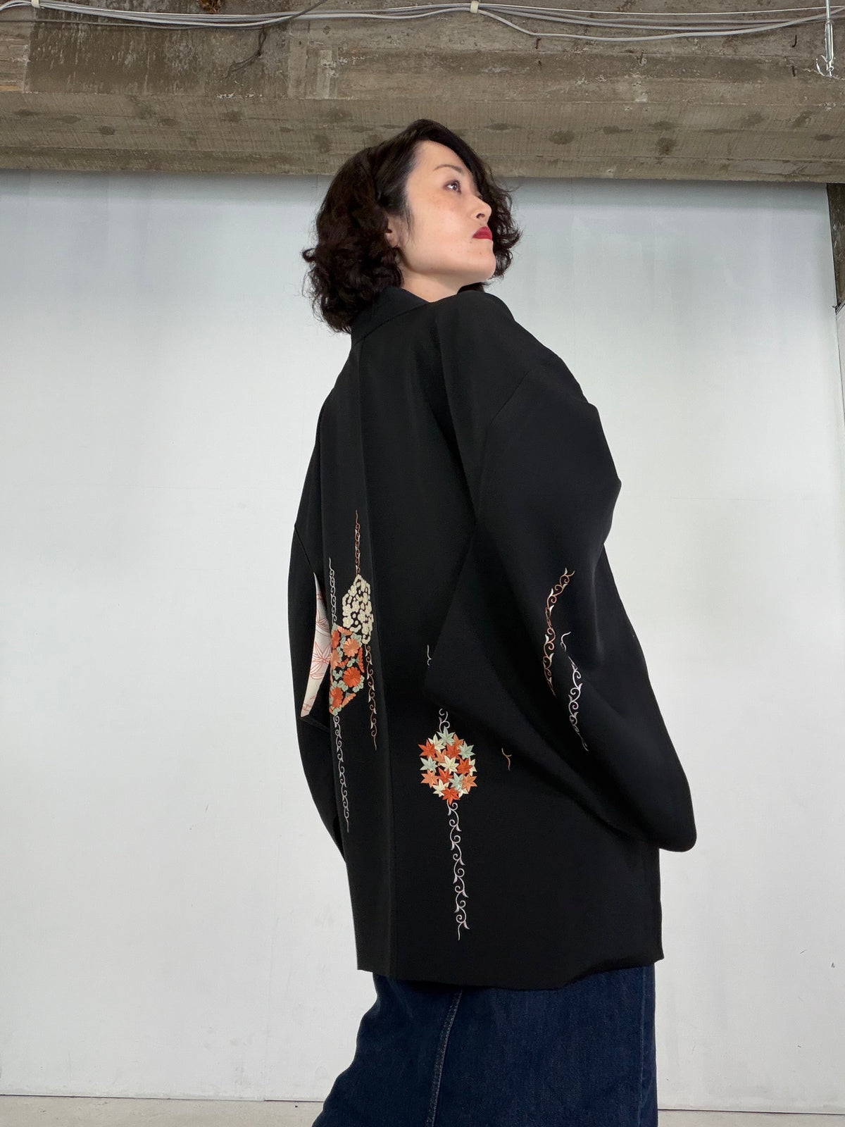 VINTAGE BLACK HAORI  "embroidery, BLK207"