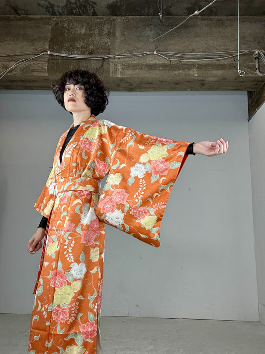 Kimono dress gown and string belt upcycled from Japanese kimono "komon youbana"