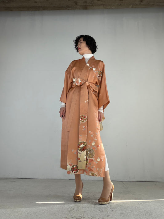 Houmongi Kimono Dress Gown with String Belt – Upcycled from Vintage Japanese Kimono "akebonoiro, DRE032"
