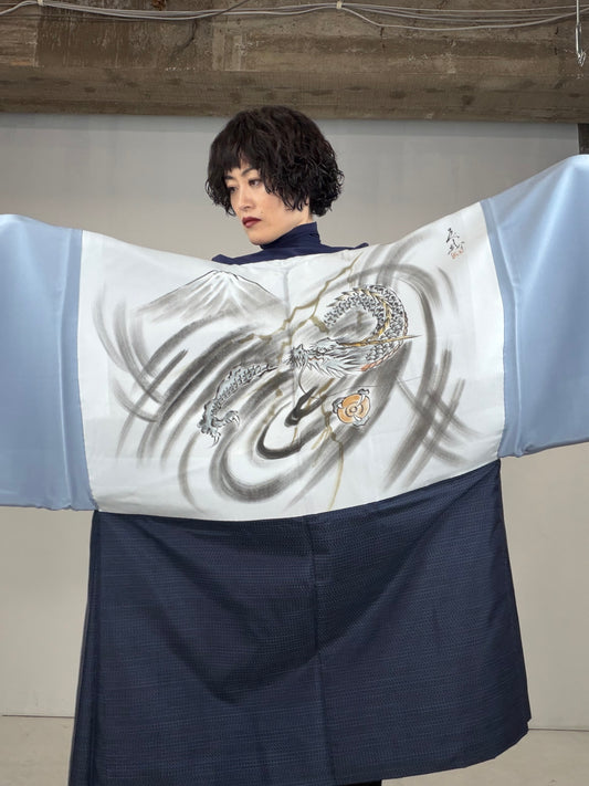 VINTAGE KAWAII HAORI oversized  "oshima, blue,dragon,064"