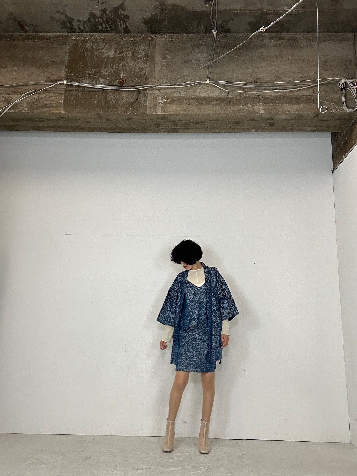 Tsumugi HAORI and KIMONO Skirt, Camisole upcycled from Japanese kimono"sarasa blue"