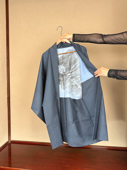 VINTAGE KAWAII HAORI oversized  "oshima, blue,  dragon 031"