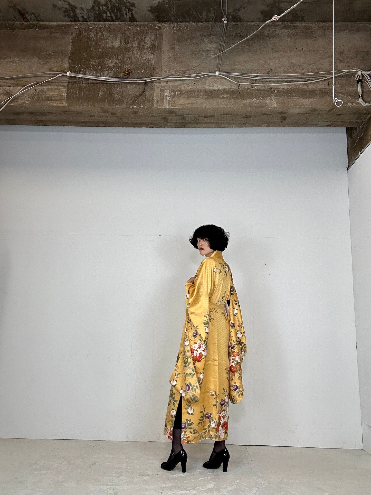 Furisode Kimono dress gown and string belt upcycled from Japanese kimono "yellow"