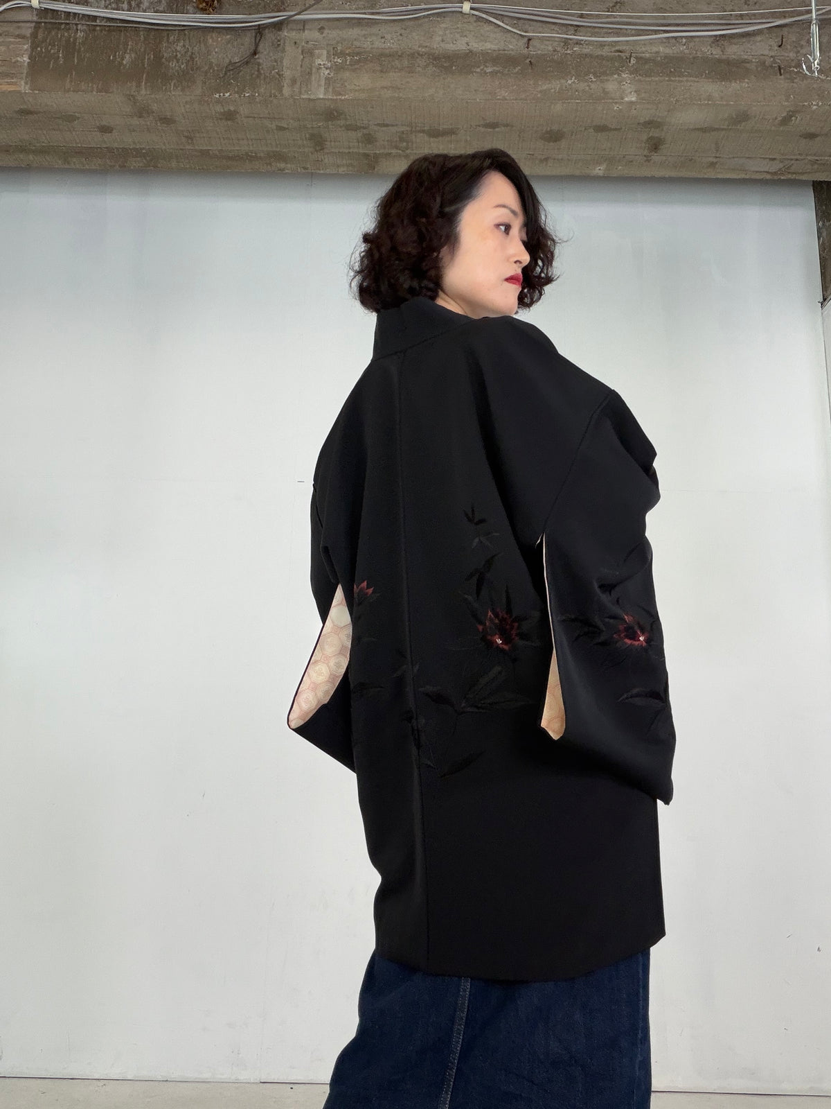 VINTAGE BLACK HAORI  "glitter, BLK205"*damage