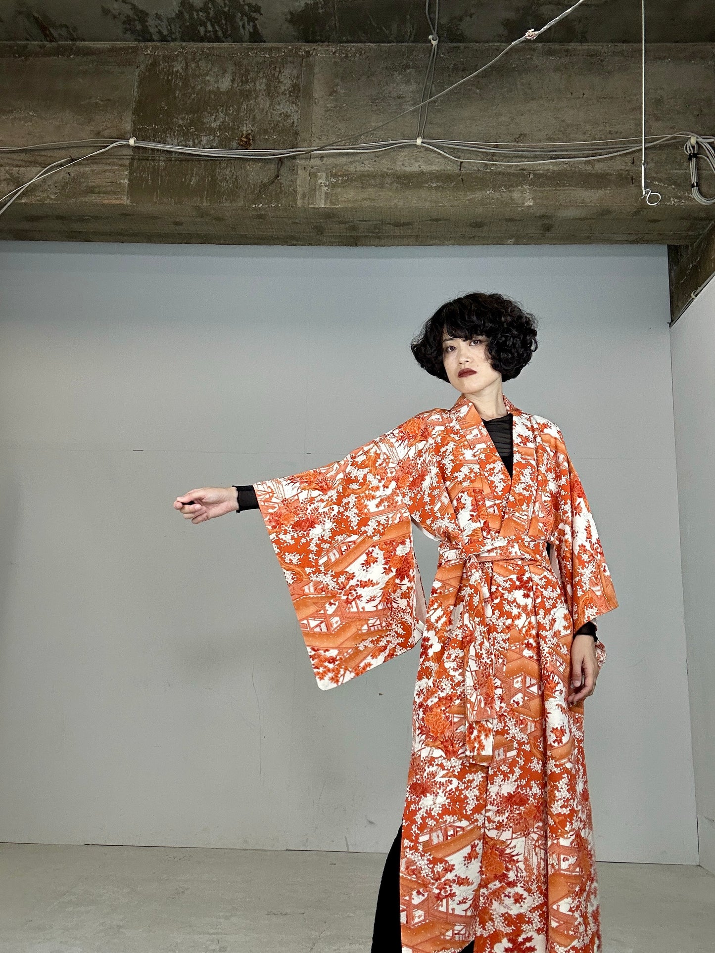 Kimono dress gown and string belt upcycled from Japanese kimono "komon orange shikikusabana"