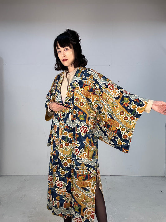 Kimono dress gown and string belt upcycled from Japanese kimono "antique sarasa"