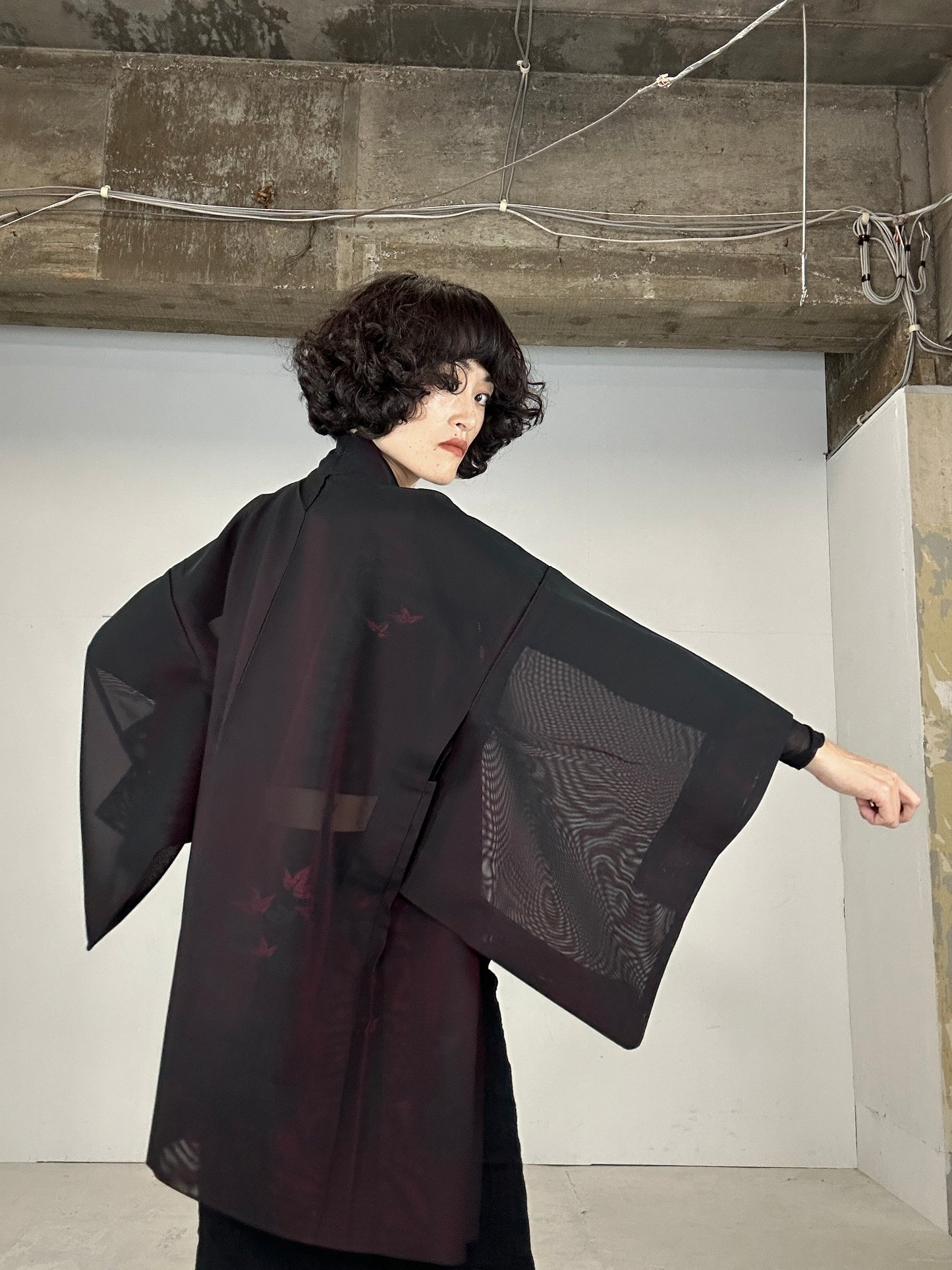 VINTAGE BLACK HAORI SHEER “aka 003 sasa ryusui"