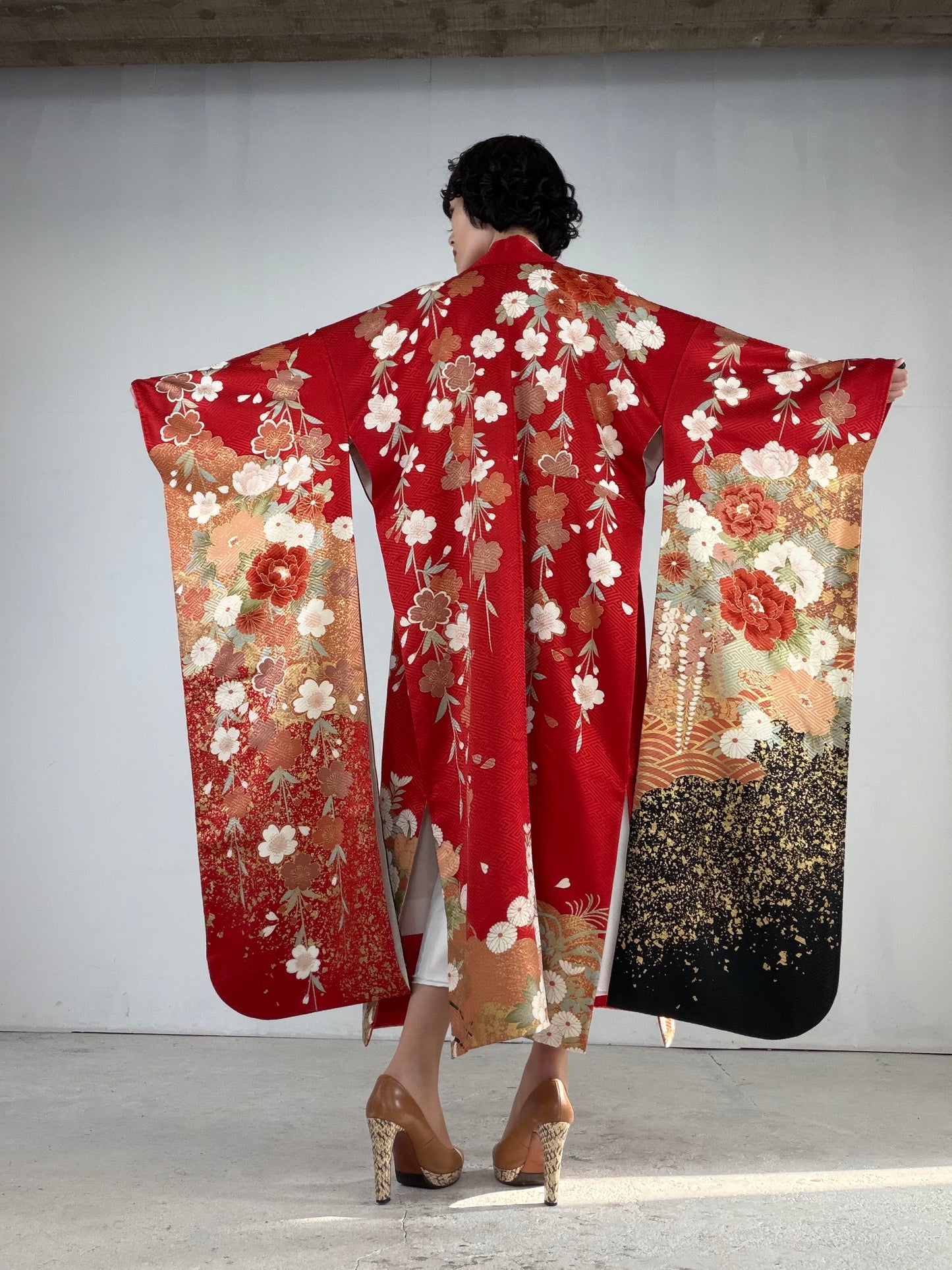 Furisode Kimono Dress Gown with String Belt – Upcycled from Vintage Japanese Kimono "red, sakura, botan, kiku, DRE019"