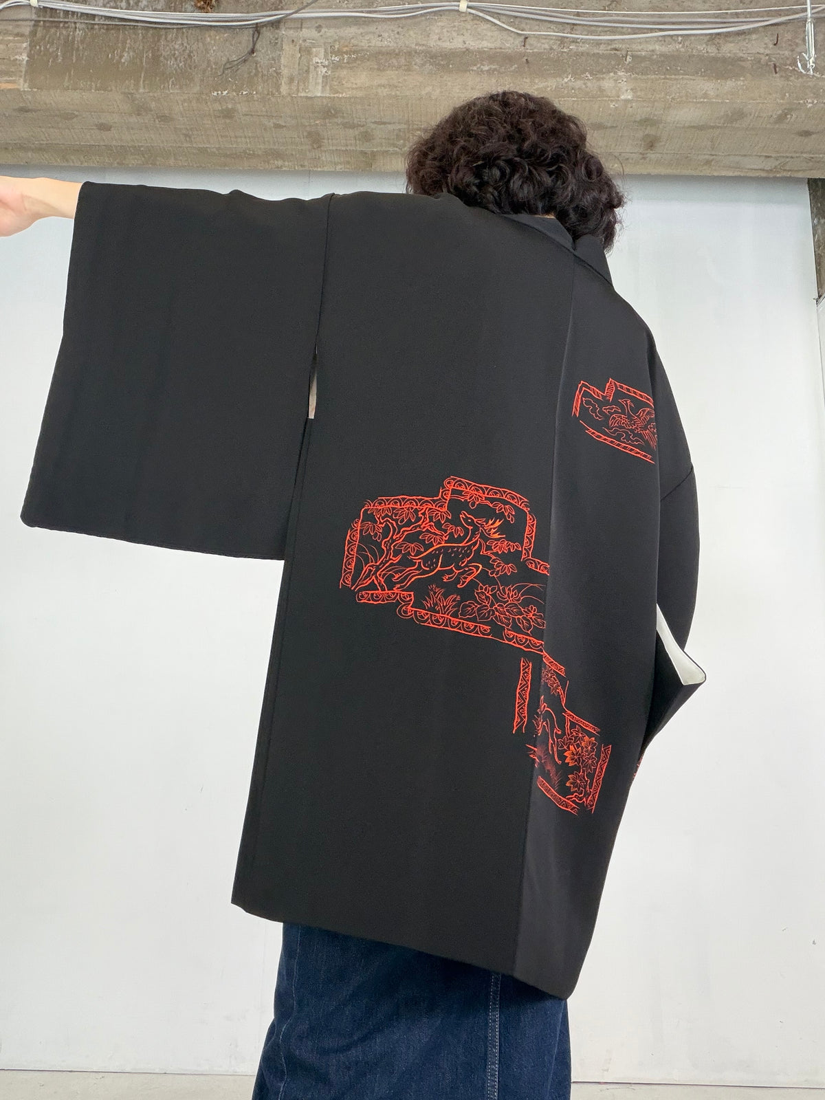 VINTAGE BLACK HAORI  "deer, rabbit, BLK206"