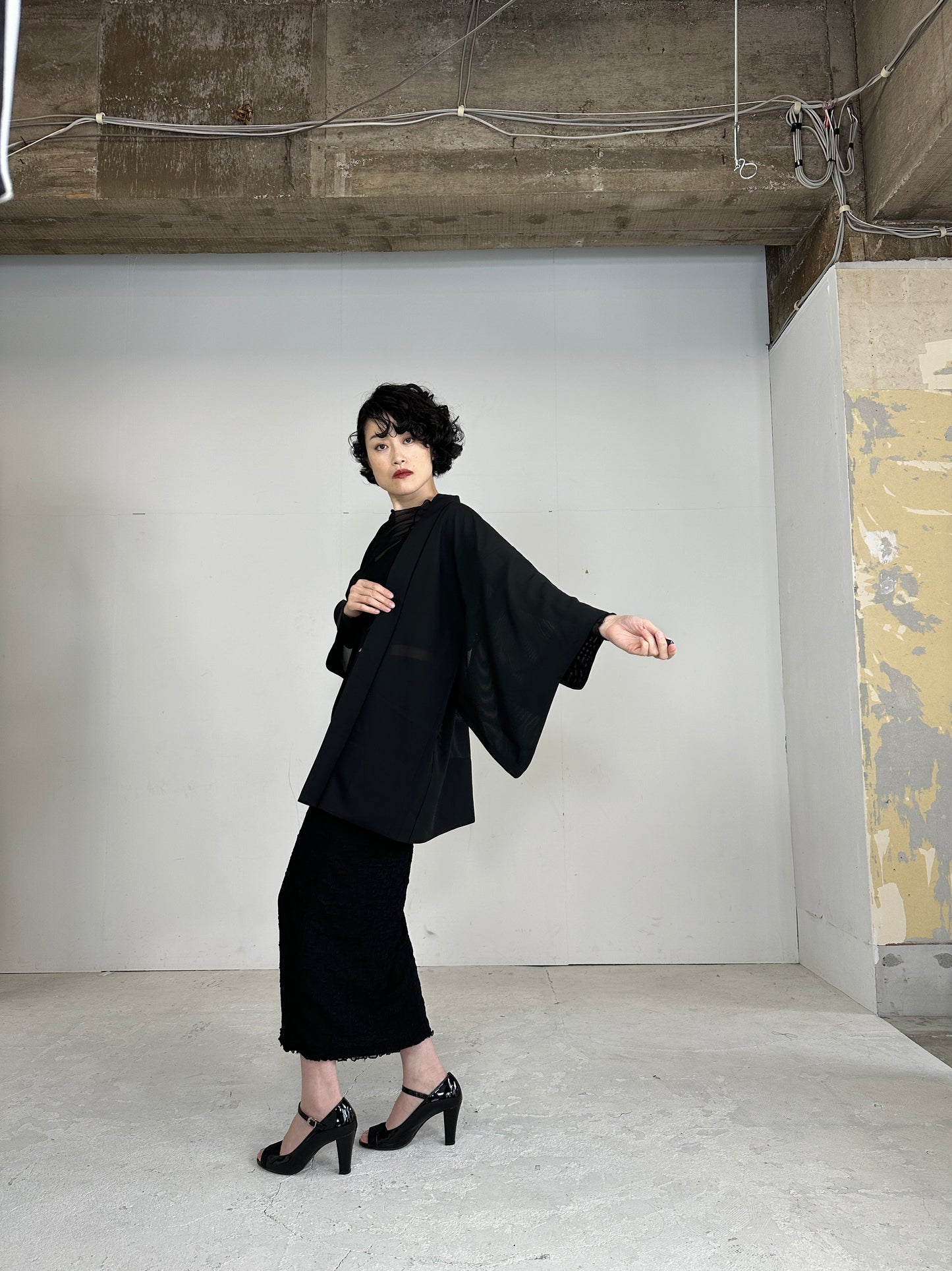 VINTAGE BLACK HAORI SHEER “ro_gin”