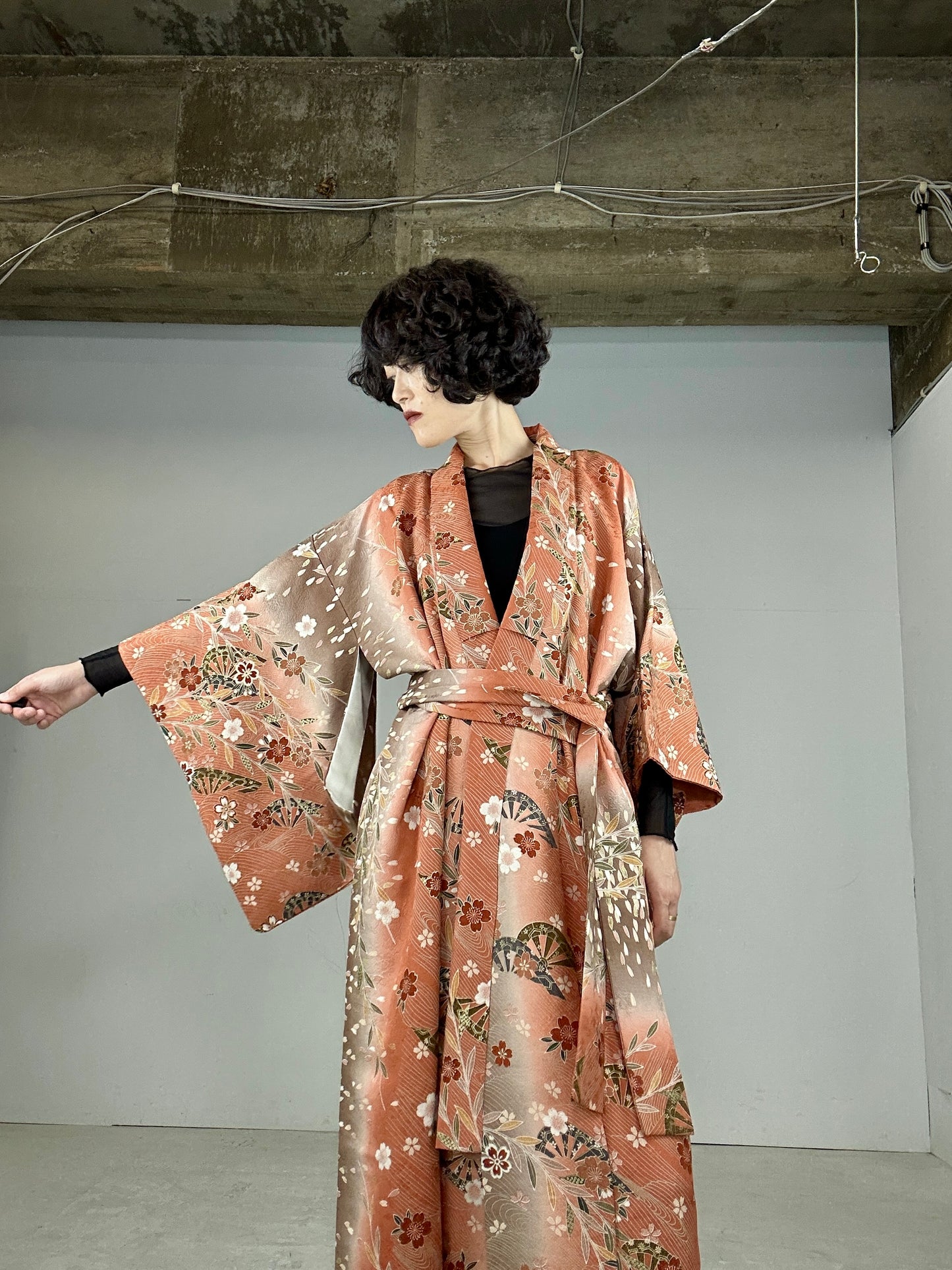 Kimono dress gown and string belt upcycled from Japanese kimono "SAKURA"