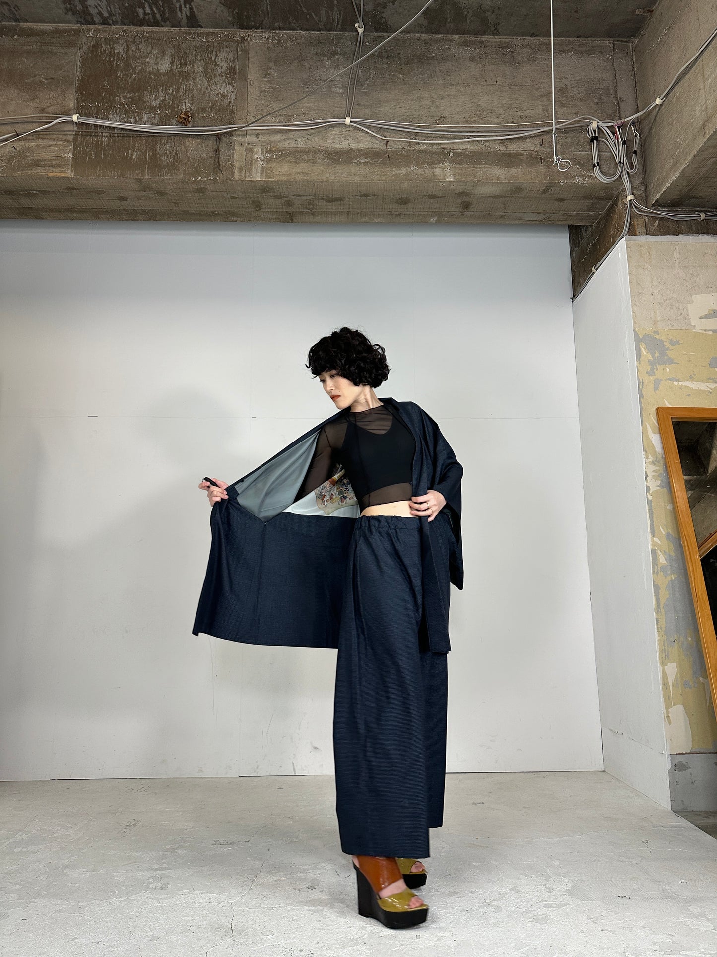Tsumugi HAORI  and KIMONO elastic waist pants(large size) upcycled from Japanese kimono(Unisex)"NIHONBASHI_Gold"