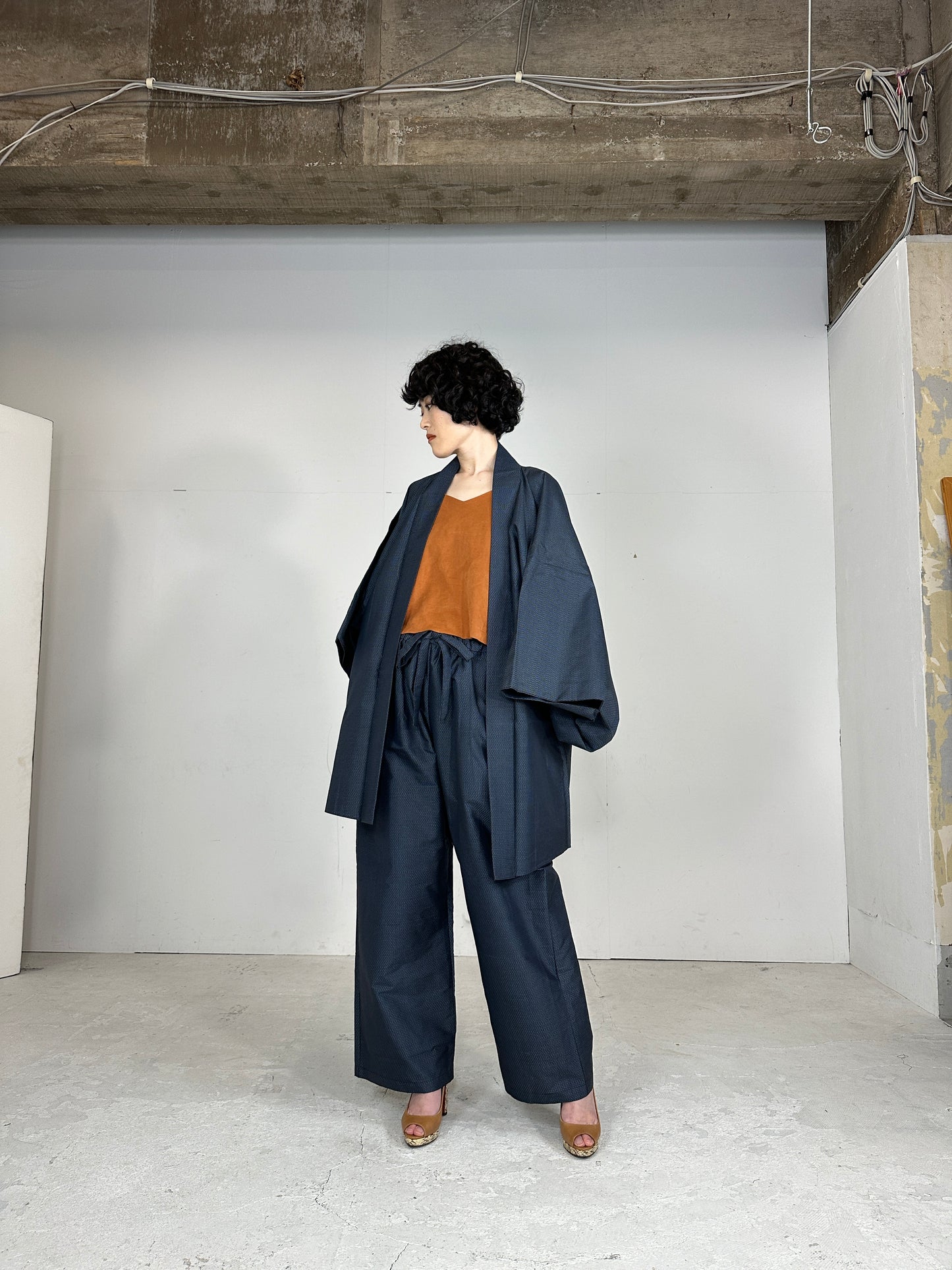 Oshima Tsumugi HAORI  and KIMONO elastic waist pants(large size) upcycled from Japanese kimono(Unisex)"Takarabune" *damage