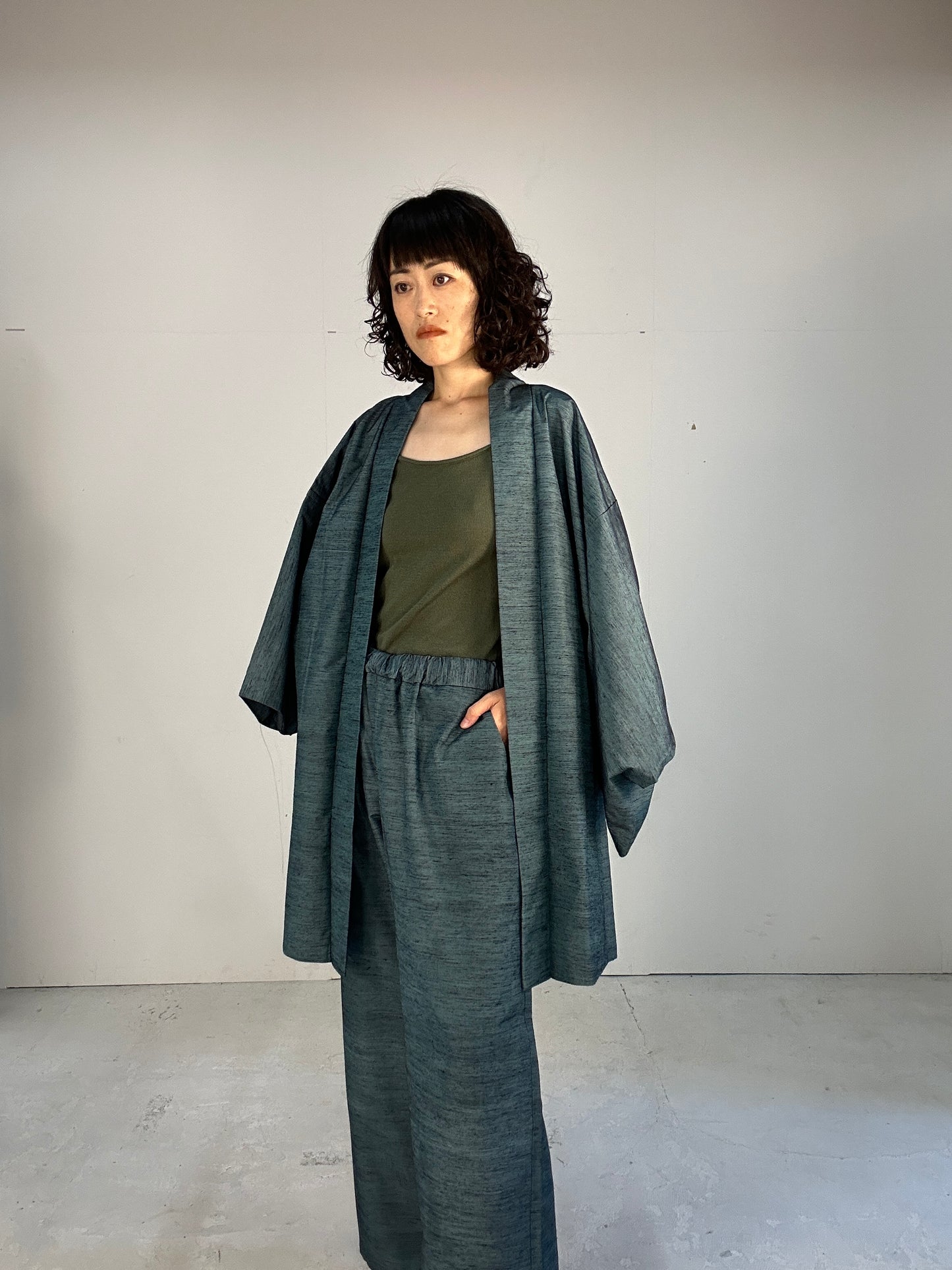 08mixblue Tsumugi HAORI and KIMONO elastic waist pants upcycled from Japanese kimono(Unisex)