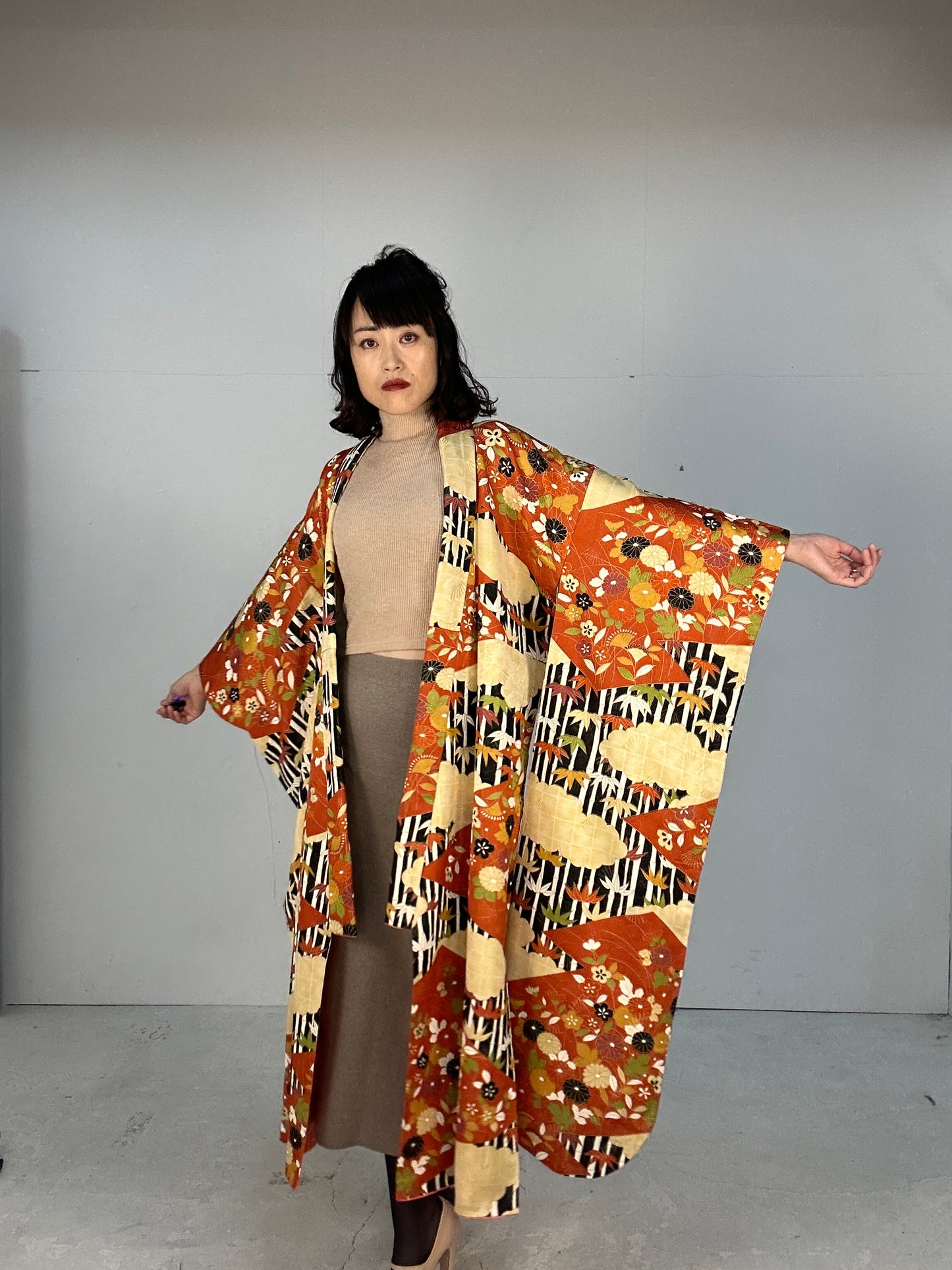 Furisode Kimono dress gown and string belt upcycled from Japanese kimono "furisode kuro"