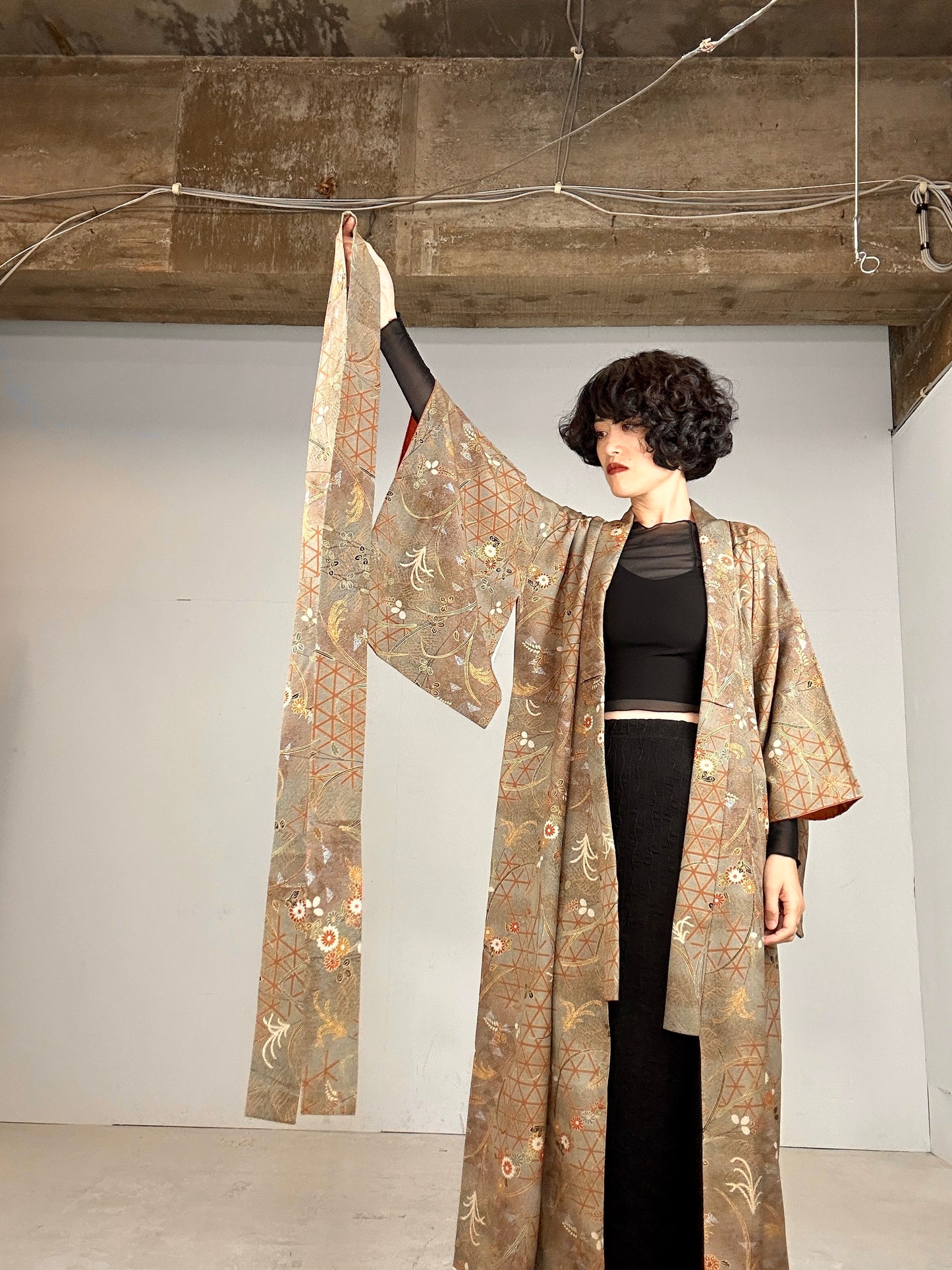 Kimono dress gown and string belt upcycled from Japanese kimono "akikusa"