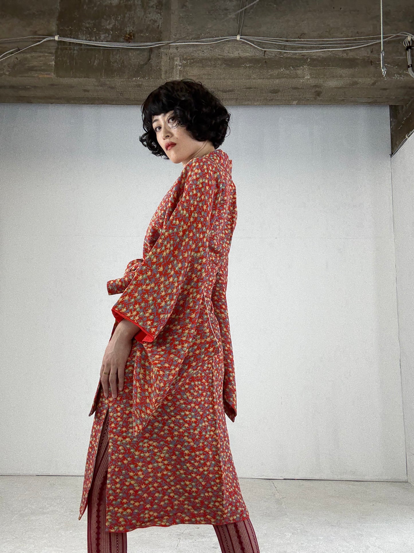 Kimono dress gown and string belt upcycled from Japanese kimono "tachibana" Big Ribbon