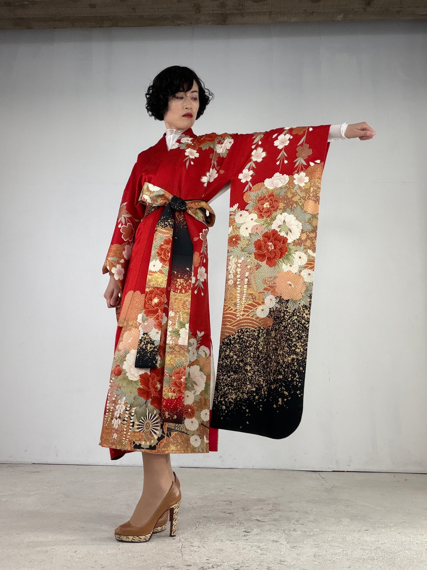 Furisode Kimono Dress Gown with String Belt – Upcycled from Vintage Japanese Kimono "red, sakura, botan, kiku, DRE019"