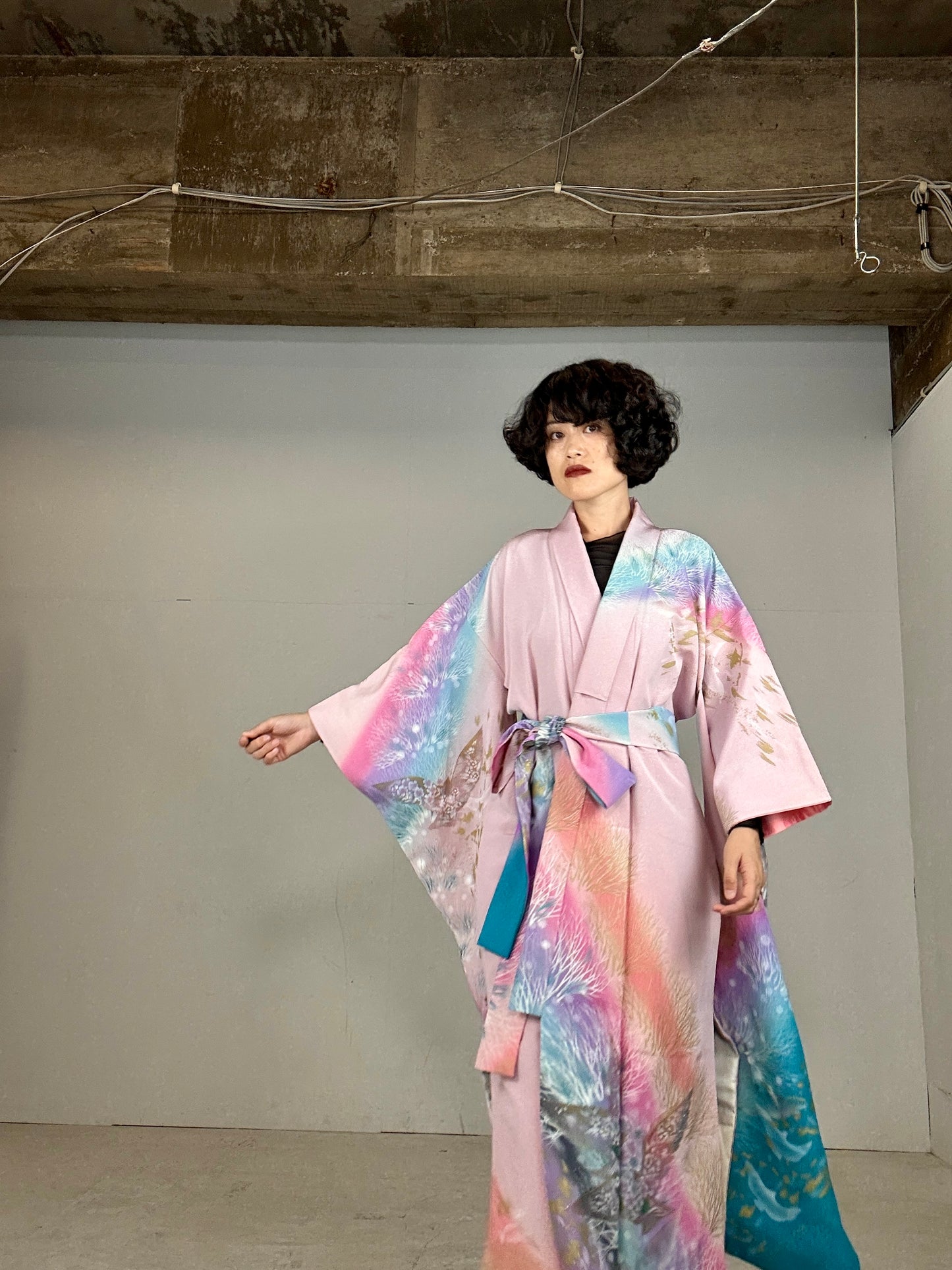 Furisode Kimono dress gown and string belt upcycled from Japanese kimono "sky gradient bird"