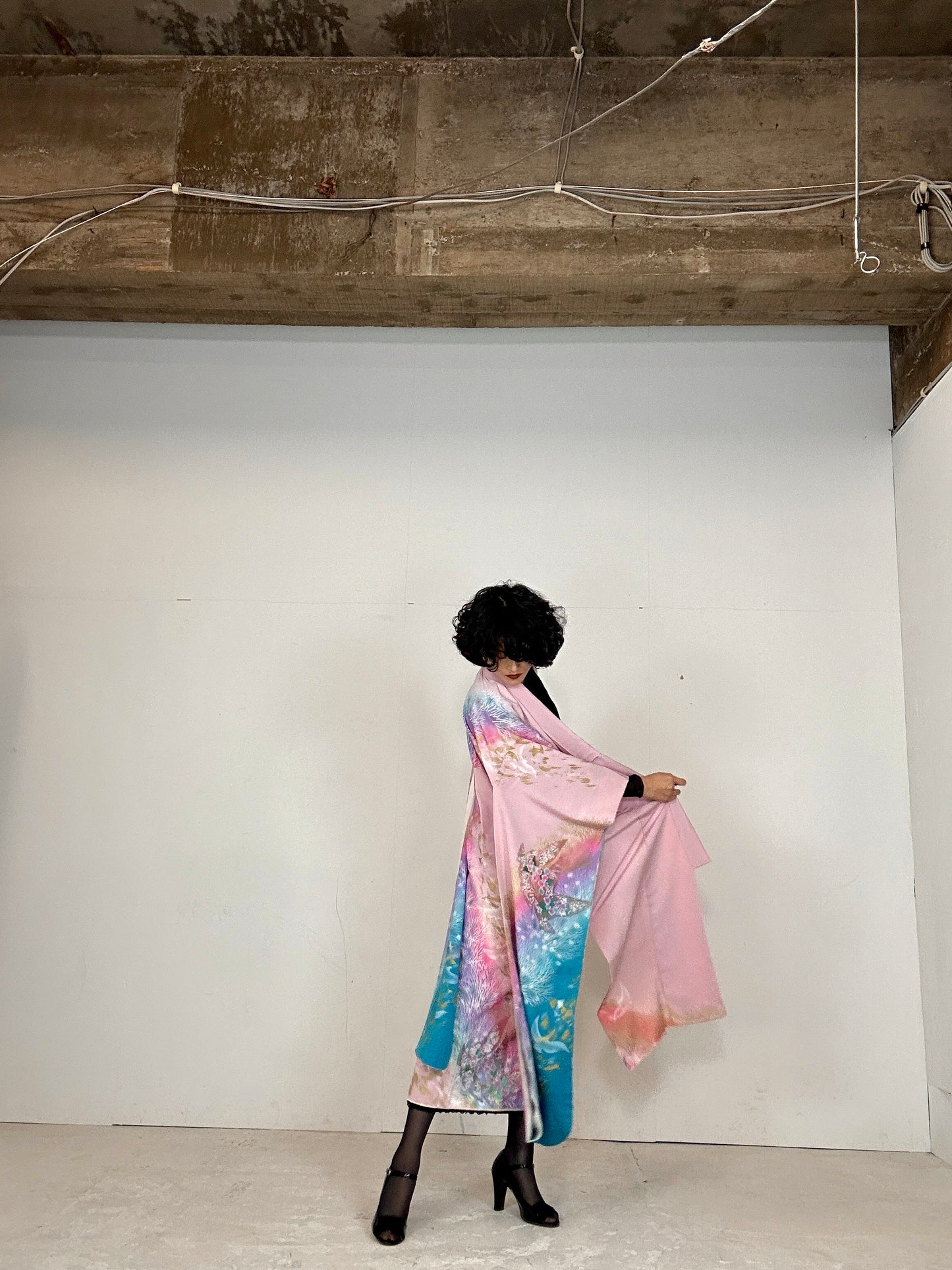 Furisode Kimono dress gown and string belt upcycled from Japanese kimono "sky gradient bird"