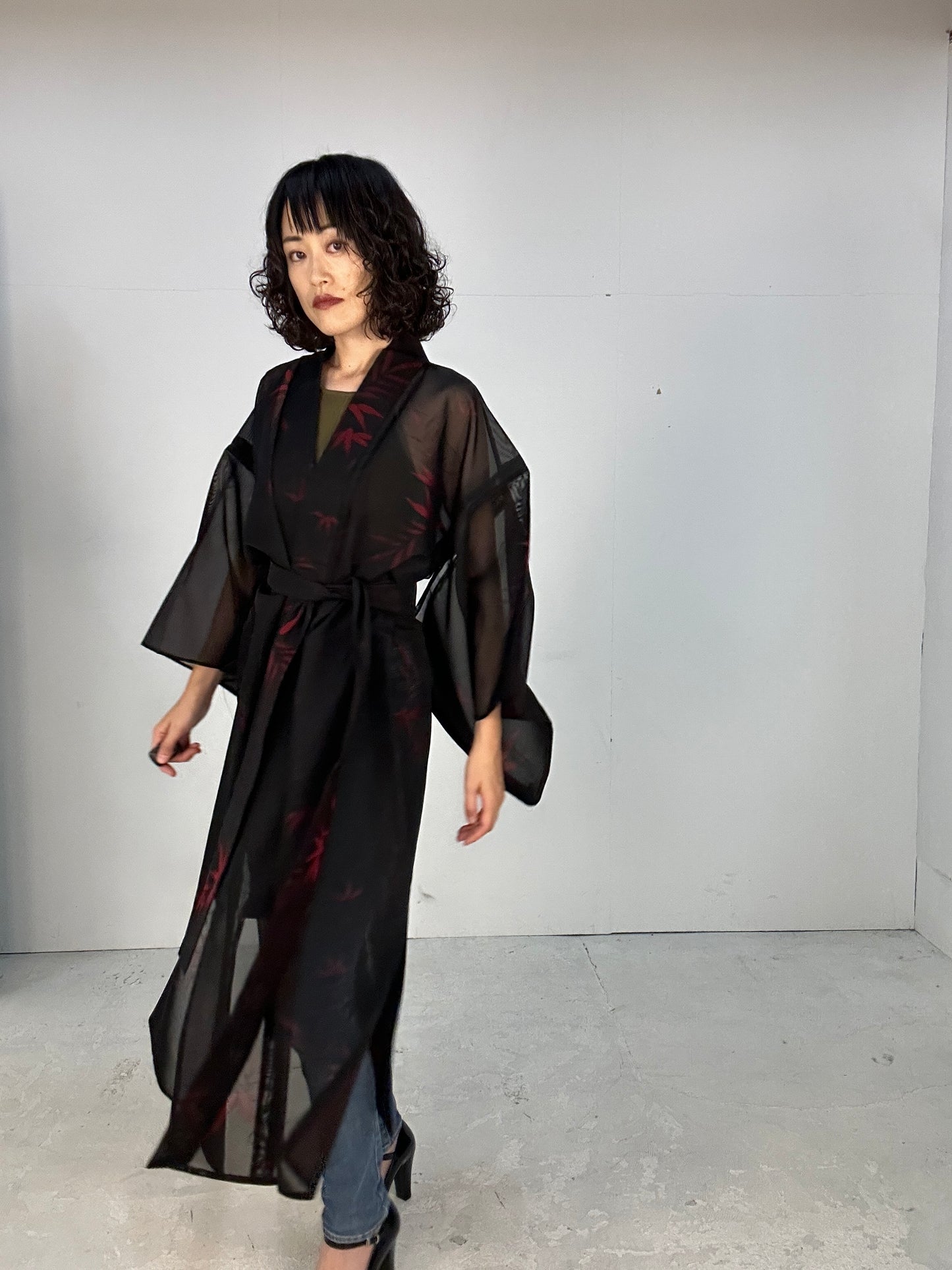 SHEER kimono dress gown and string belt upcycled from Japanese kimono "sasa"