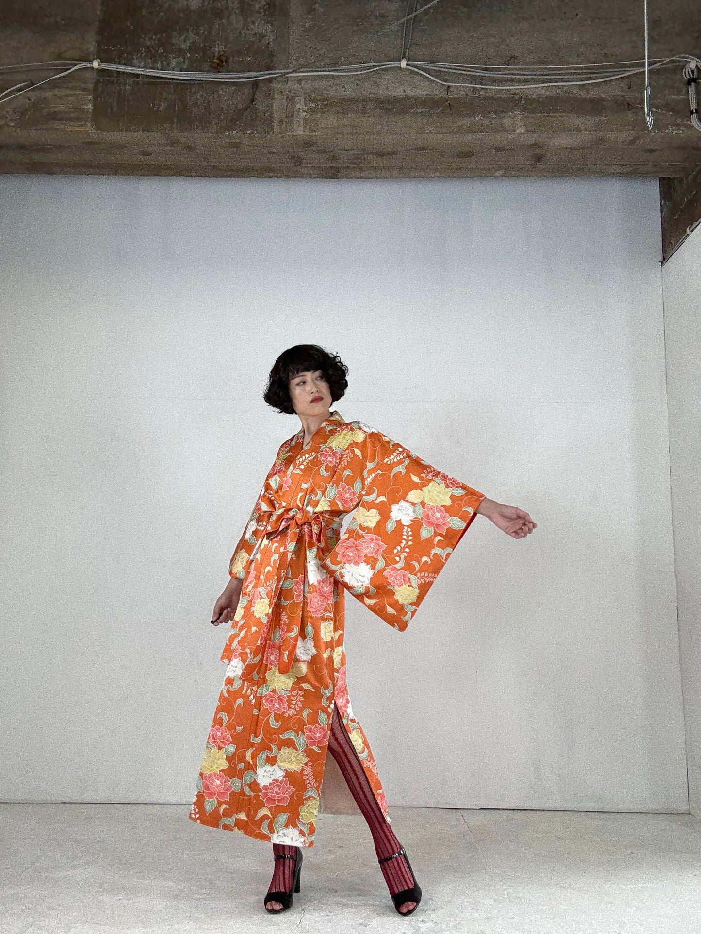 Kimono dress gown and string belt upcycled from Japanese kimono "komon youbana" *damage