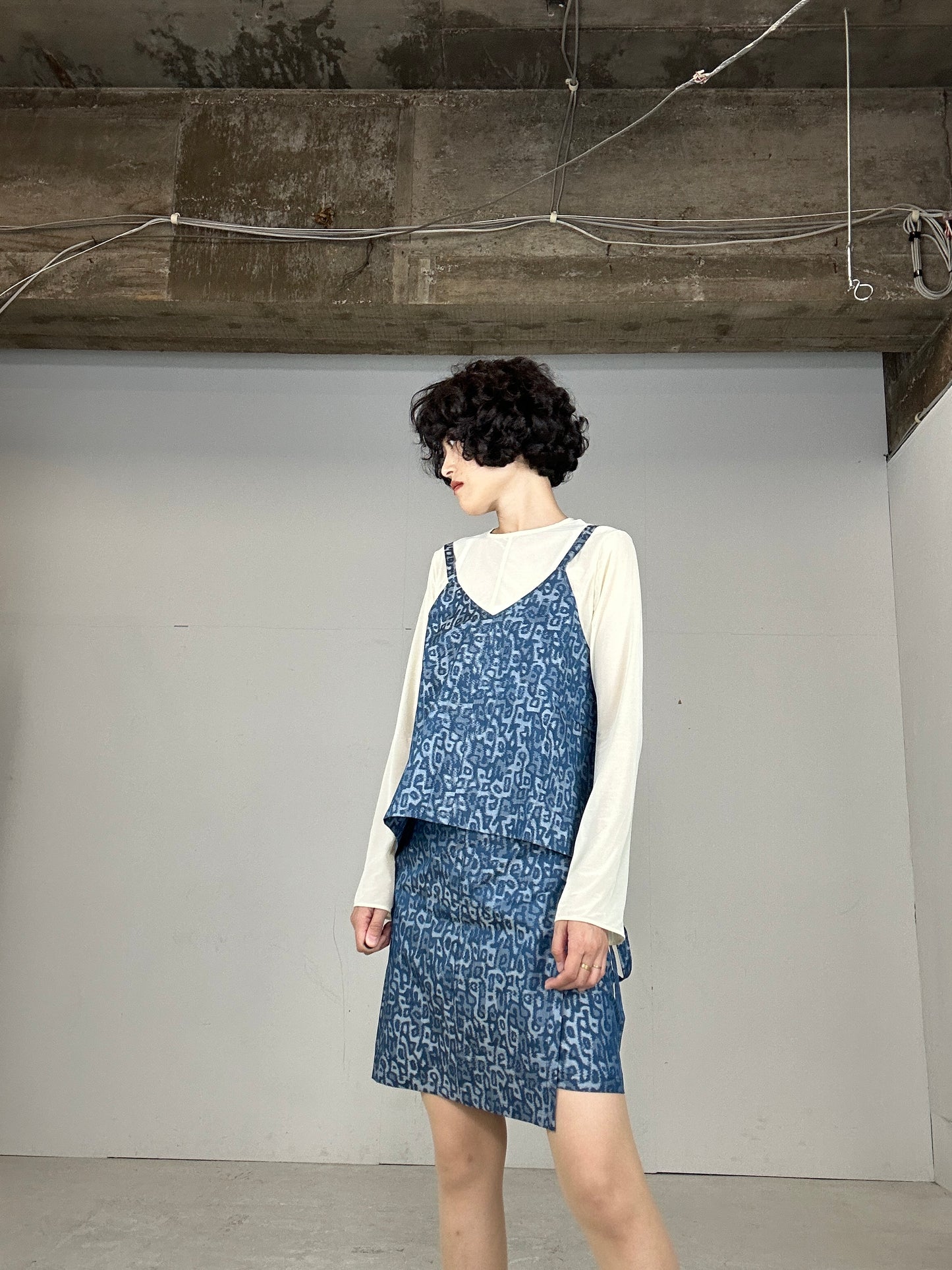 Tsumugi HAORI and KIMONO Skirt, Camisole upcycled from Japanese kimono"sarasa blue"