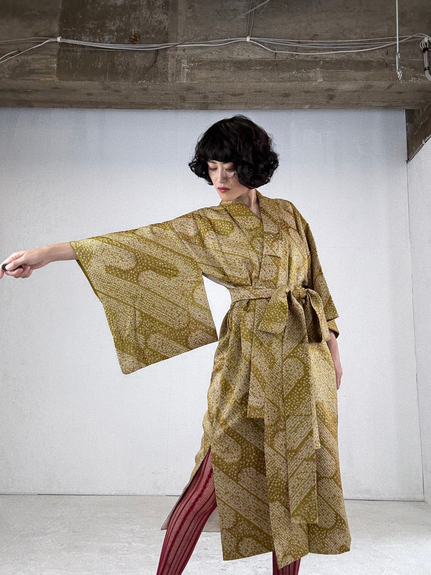 Kimono dress gown and string belt upcycled from Japanese kimono "shibori, yellow" Big Ribbon