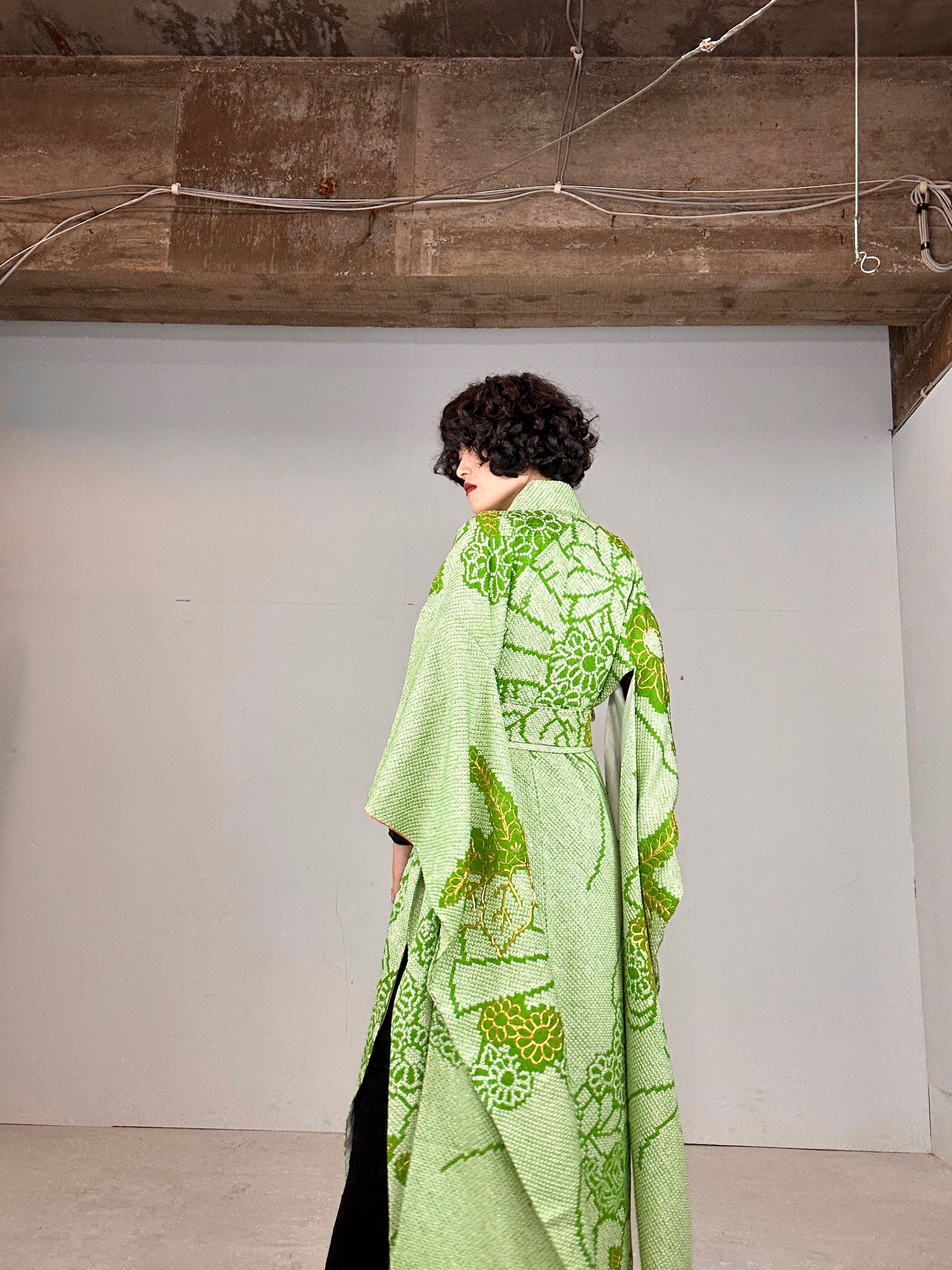 Furisode Kimono dress gown and string belt upcycled from Japanese kimono "shibori green"