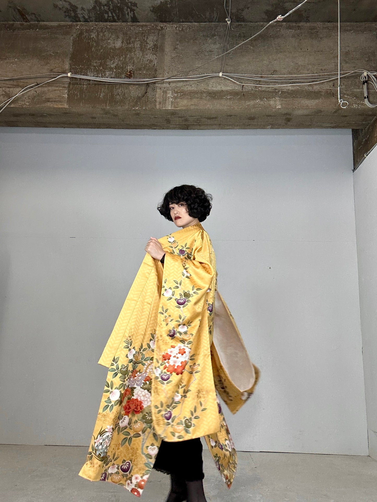 Furisode Kimono dress gown and string belt upcycled from Japanese kimono "yellow"