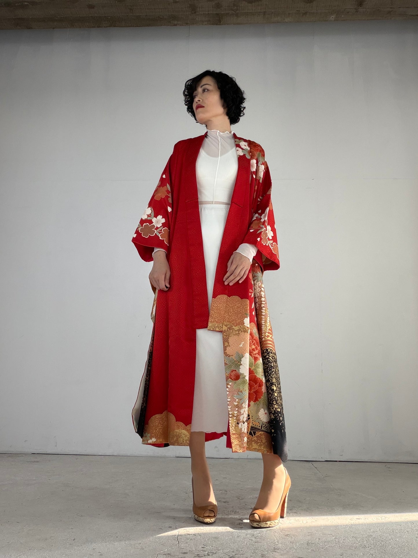 Furisode Kimono Dress Gown with String Belt – Upcycled from Vintage Japanese Kimono "red, sakura, botan, kiku, DRE019"