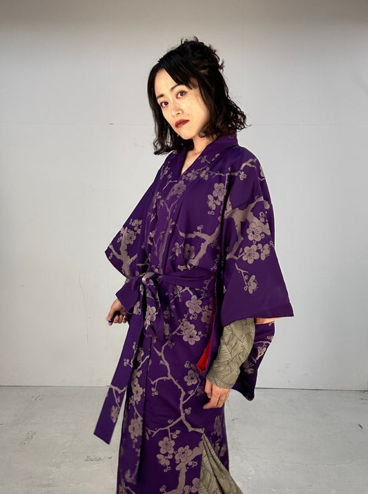Kimono dress gown and string belt upcycled from Japanese kimono "komon ume"