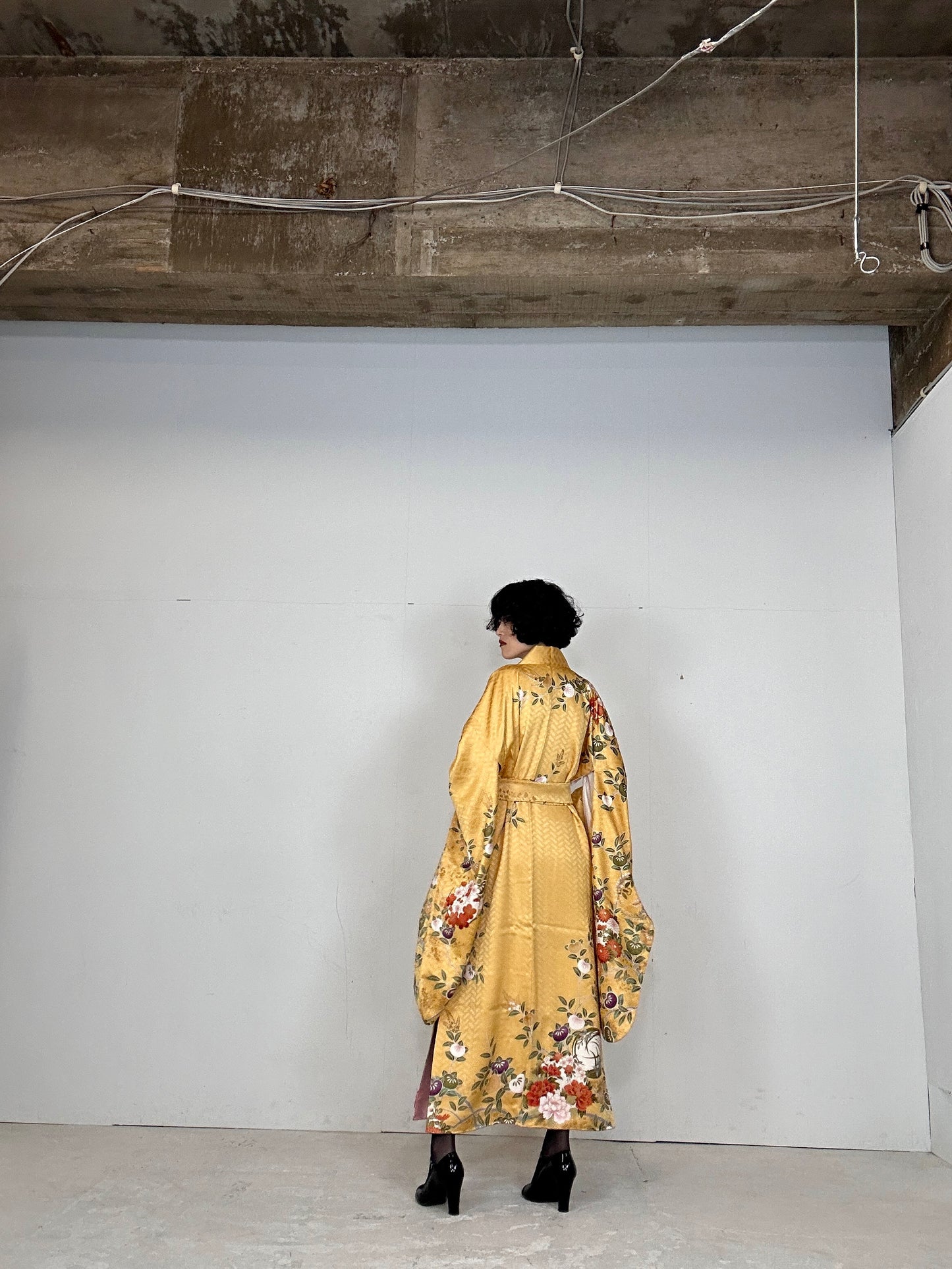 Furisode Kimono dress gown and string belt upcycled from Japanese kimono "yellow"