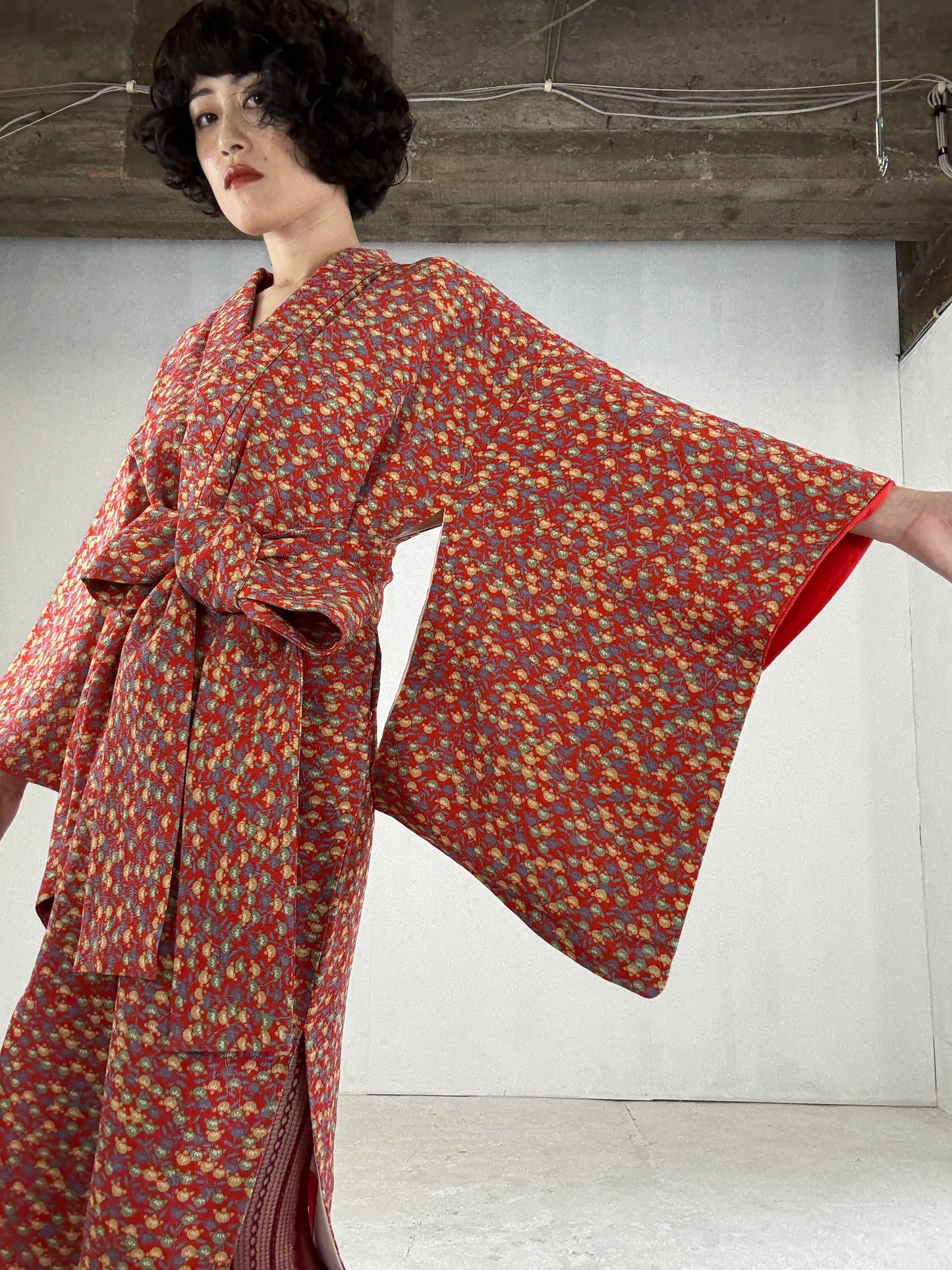 Kimono dress gown and string belt upcycled from Japanese kimono "tachibana" Big Ribbon