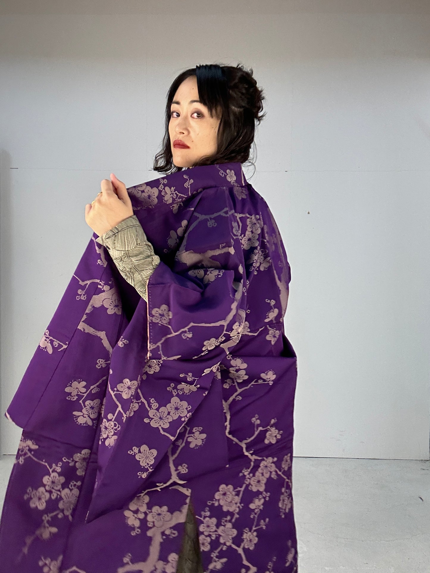 Kimono dress gown and string belt upcycled from Japanese kimono "komon ume"