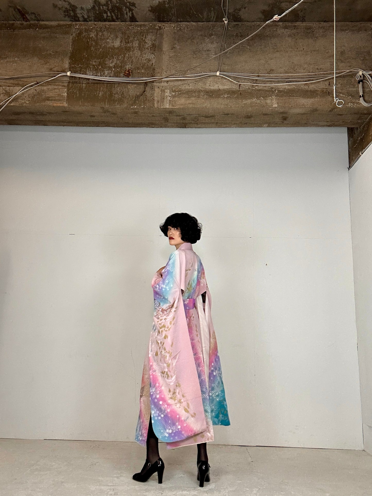 Furisode Kimono dress gown and string belt upcycled from Japanese kimono "sky gradient bird"