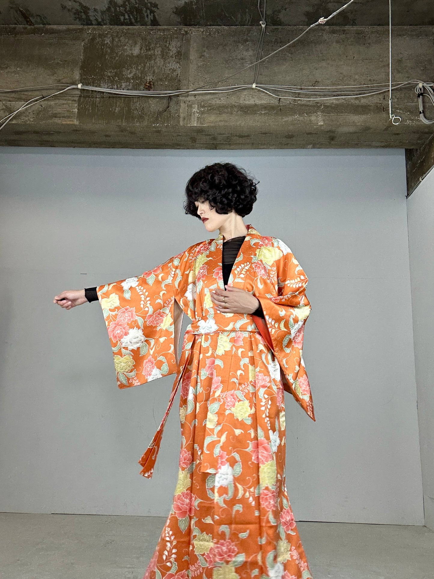 Kimono dress gown and string belt upcycled from Japanese kimono "komon youbana"