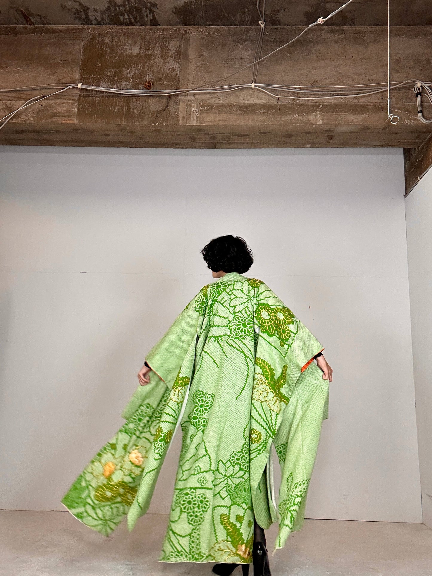 Furisode Kimono dress gown and string belt upcycled from Japanese kimono "shibori green"