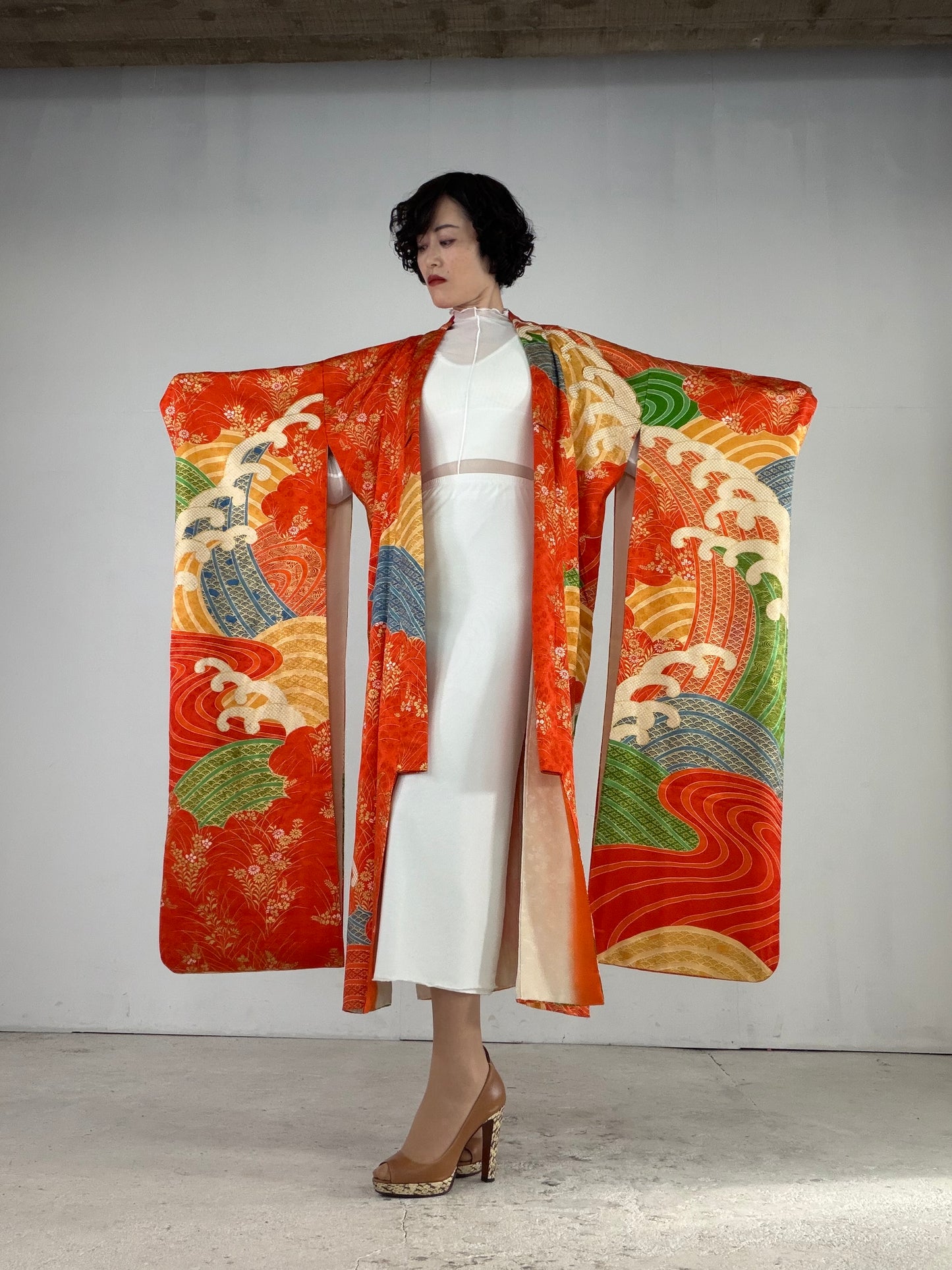 Furisode Kimono Dress Gown with String Belt – Upcycled from Vintage Japanese Kimono "orange, nami, DRE021"