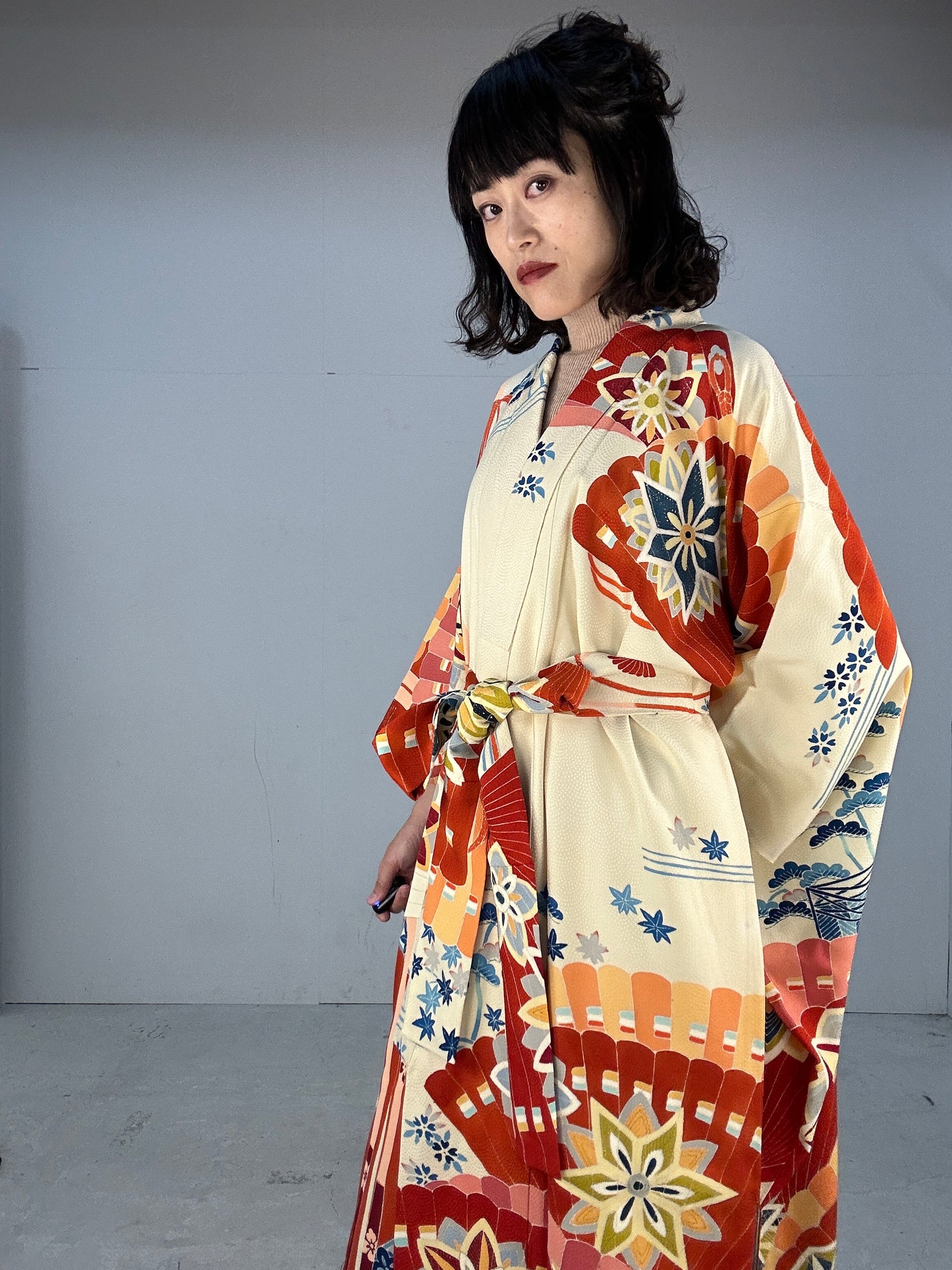 Furisode Kimono dress gown and string belt upcycled from Japanese kimono "furisode aka"