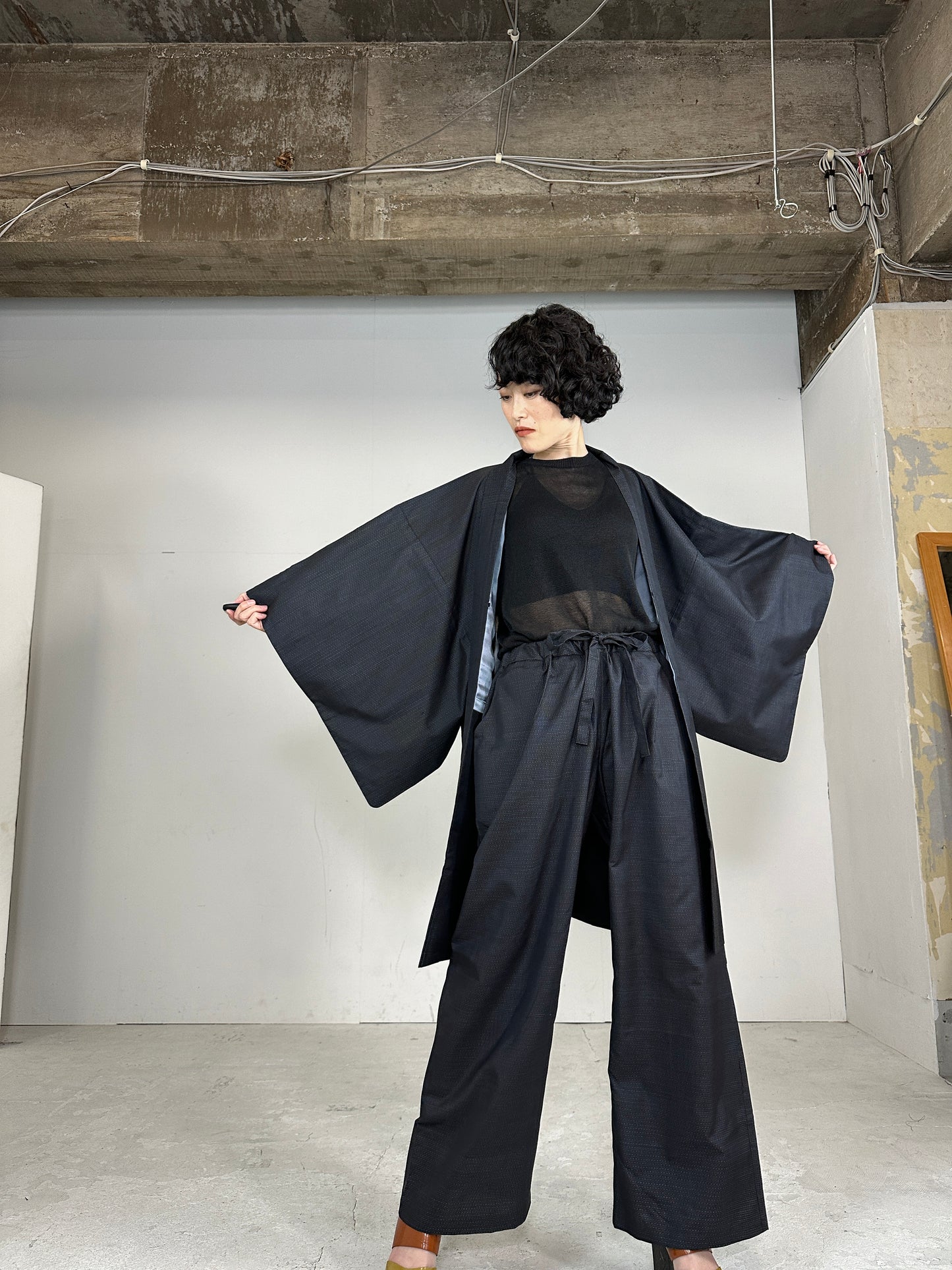 Oshima Tsumugi HAORI  and KIMONO elastic waist pants(large size) upcycled from Japanese kimono(Unisex)"NIHONBASHI_blue pattern"