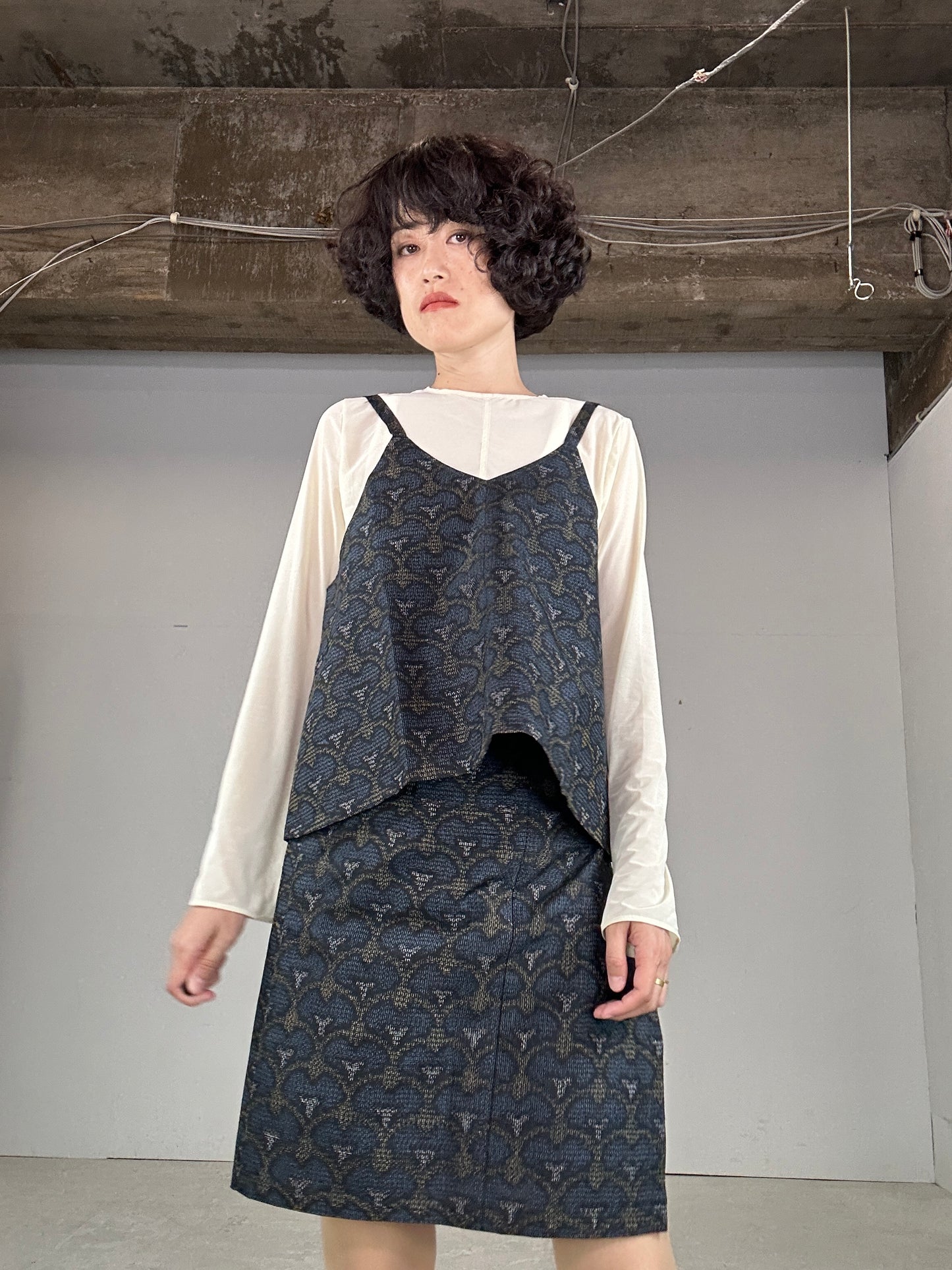 Tsumugi HAORI and KIMONO Skirt, Camisole upcycled from Japanese kimono"rankamon"