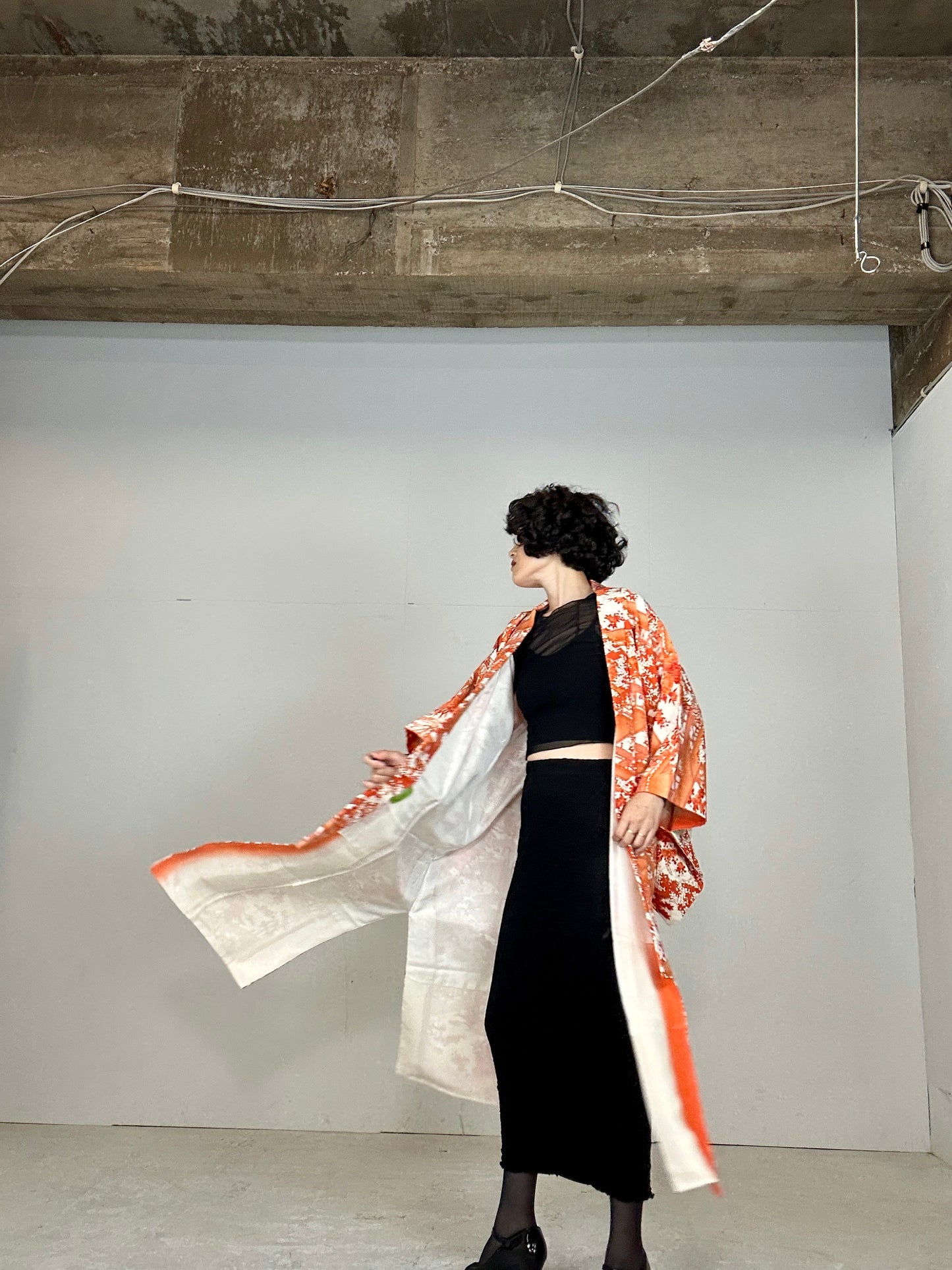 Kimono dress gown and string belt upcycled from Japanese kimono "komon orange shikikusabana"