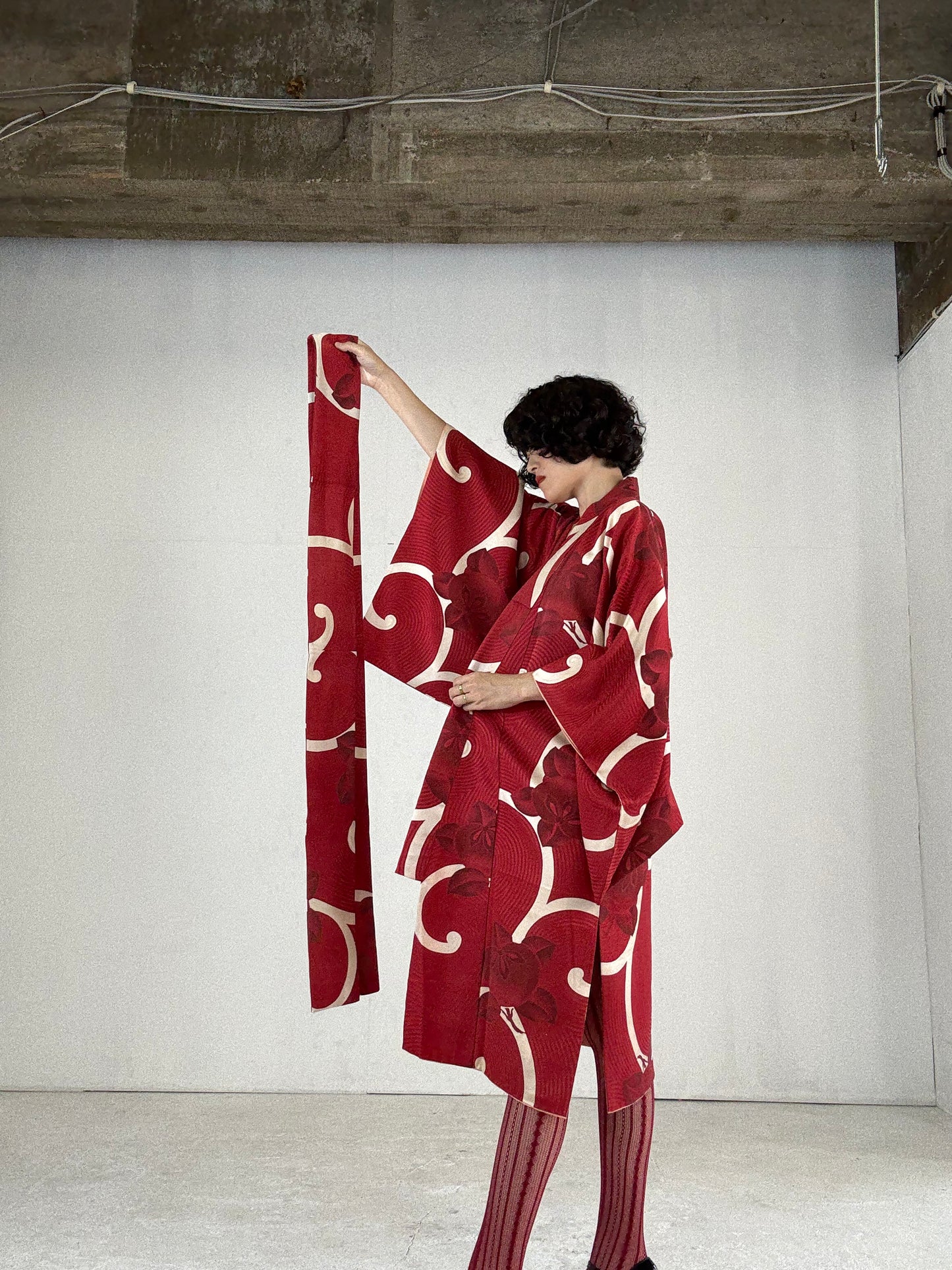 Kimono dress gown and string belt upcycled from Japanese kimono "karakusa, antique" Big Ribbon *damage