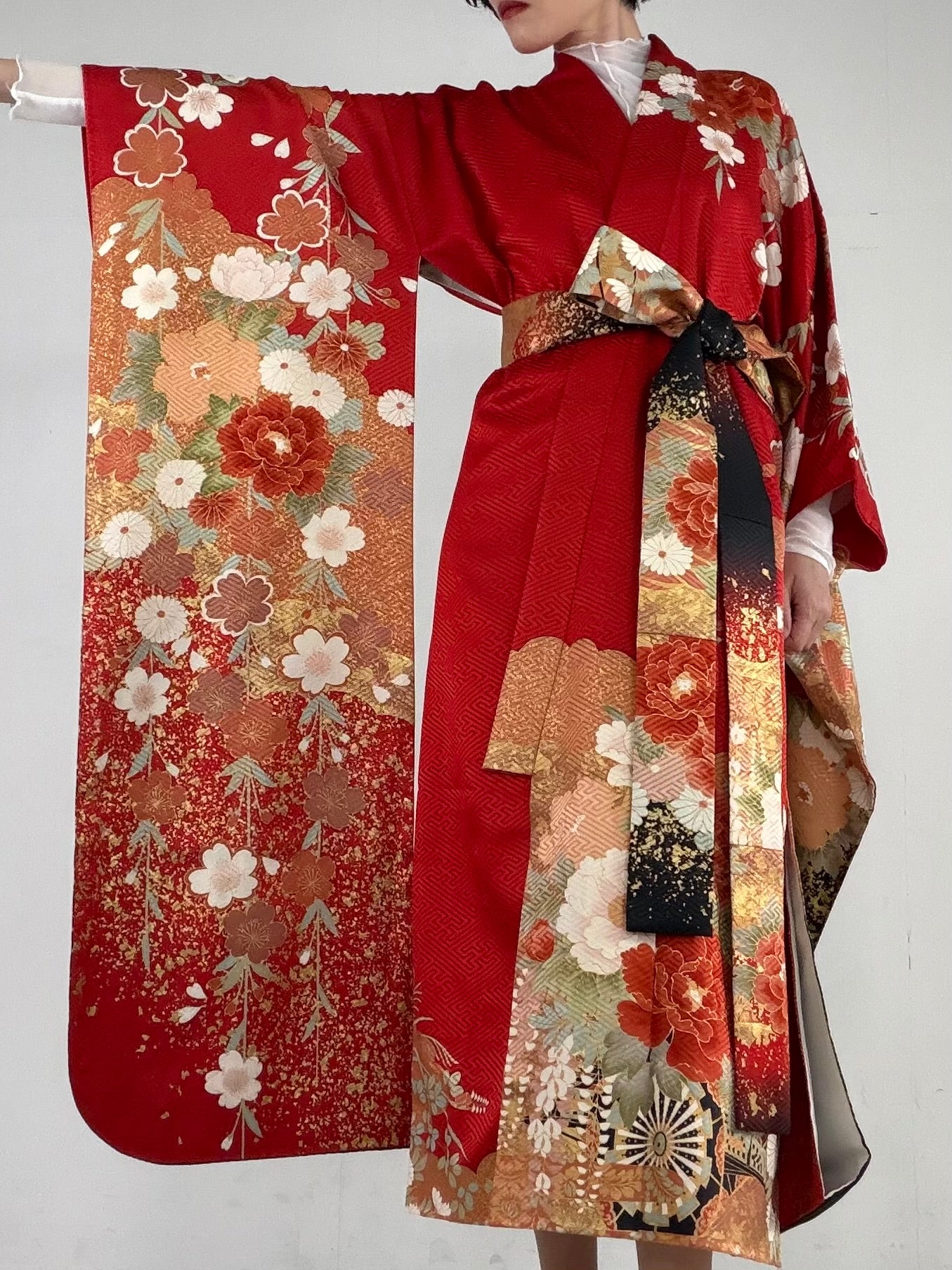 Furisode Kimono Dress Gown with String Belt – Upcycled from Vintage Japanese Kimono "red, sakura, botan, kiku, DRE019"